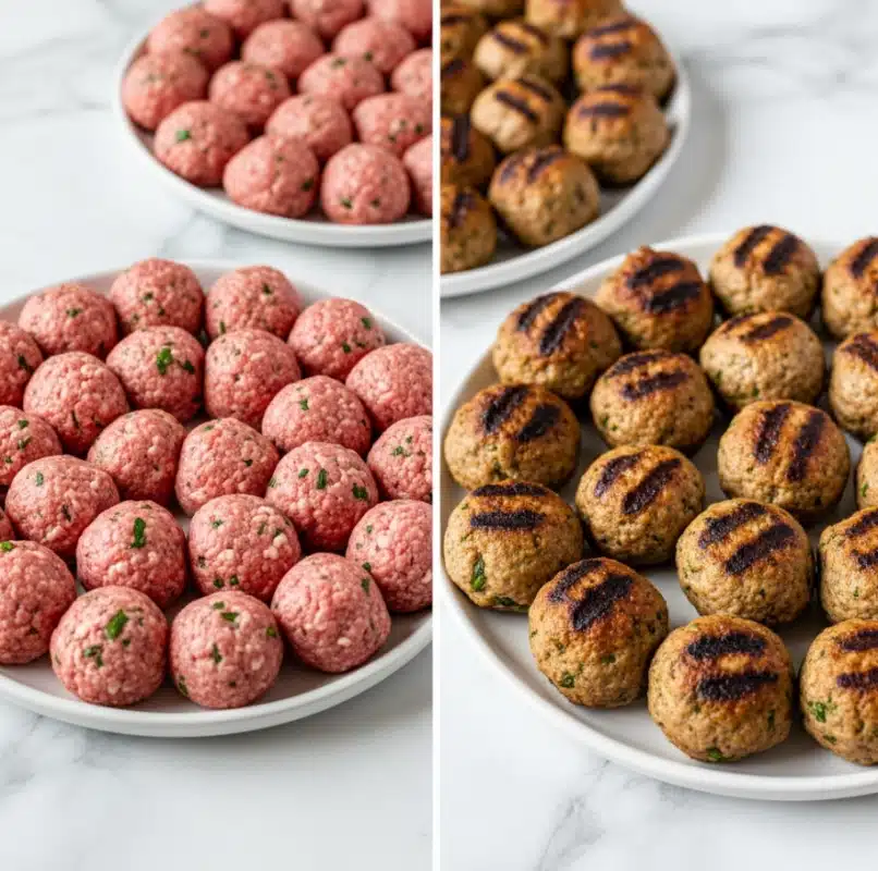 Two images side by side show plates of meatballs on a white marbled surface. The left plate has 32 raw meatballs arranged in a circular pattern, light pink with green herb bits visible in the mix, each meatball smooth and round. Behind it, a smaller plate holds more raw meatballs with similar colors. On the right, a white plate holds 32 cooked meatballs arranged in the same pattern, showing a browned, slightly crispy outer texture with dark grill marks and green herbs embedded. In the upper left corner of the cooked plate, a few meatballs appear darker brown. Photo taken with an iphone --ar 4:5 --v 7