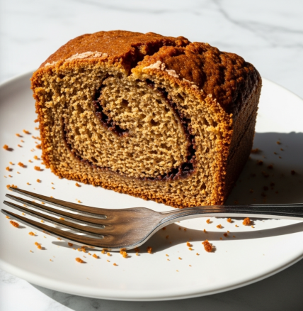 Cinnamon Swirl Banana Bread Recipe 4 The image shows a slice of brown banana bread with a rough, crumbly texture being held above a stack of similar slices. The bread has a golden-brown crust and a soft, moist inside. In the background, a bunch of ripe yellow bananas is slightly out of focus. A woman's hand is holding the slice gently from above. All the items are placed on a white marbled surface. photo taken with an iphone --ar 4:5 --v 7