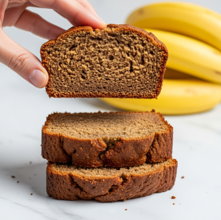 Cinnamon Swirl Banana Bread Recipe 5 A single slice of brown cake with a golden crust sits on a white plate, showing a light, soft, and airy texture with some darker brown swirls inside. The cake slice has a rough top edge and small crumbs scattered around it on the plate. A silver fork rests partially under the bottom edge of the cake slice, curving gently outward. The plate is placed on a surface with white marbled texture, and natural sunlight casts soft shadows around the cake slice and plate. photo taken with an iphone --ar 4:5 --v 7