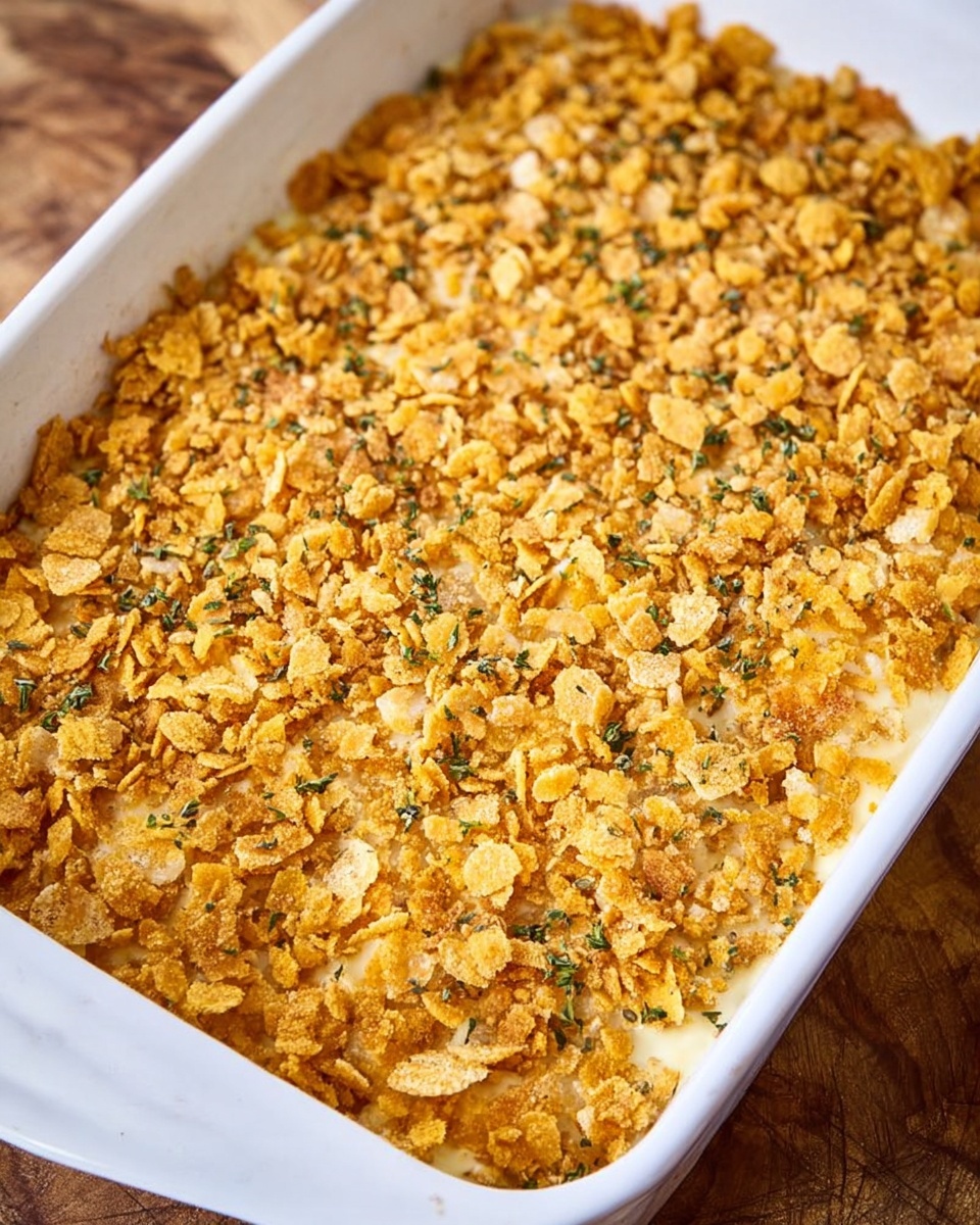 The image shows a close-up view of a white ceramic baking dish filled with a casserole that has one visible layer, a thick topping of golden brown crushed crackers or breadcrumbs spread evenly across the surface. The topping has a crumbly texture with small herb specks scattered throughout, creating a mix of light yellow and green colors. The dish sits on a wooden surface, but the background appears as a white marbled texture. The overall look is warm and inviting, highlighting the crispy texture of the topping. photo taken with an iphone --ar 4:5 --v 7