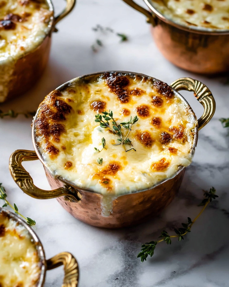 The image shows a small round copper pot with two handles filled with a dish topped with melted, golden brown cheese that has bubbly and slightly browned spots. The cheese layer is thick and creamy, covering the entire surface and slightly overflowing the edges. A small green sprig, likely thyme, rests on top of the cheese as decoration. The pot is placed on a white marbled surface, with another identical pot partially visible in the background. The scene is bright with natural light enhancing the creamy texture and browned spots of the cheese. photo taken with an iphone --ar 4:5 --v 7