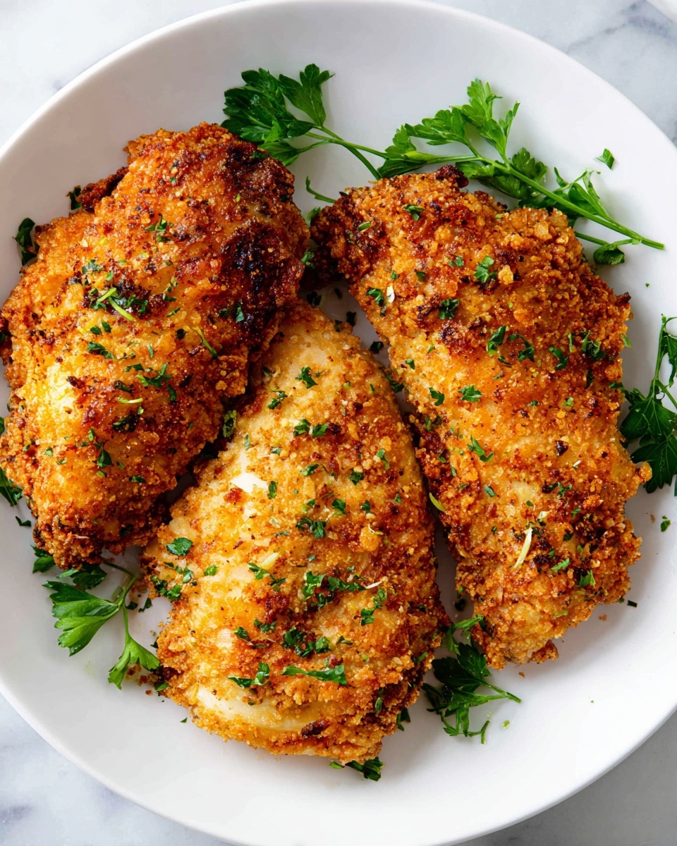 The image shows three pieces of golden brown fried chicken on a large white plate. Each piece has a crispy, lightly browned coating with some darker spots, hinting at a crunchy texture. The coating has small green herb bits sprinkled over it, adding a fresh look. The chicken pieces are laid side by side, slightly angled, and the plate sits on a white marbled surface. Fresh green parsley leaves are scattered around the plate’s edge, enhancing the color contrast. Photo taken with an iphone --ar 4:5 --v 7