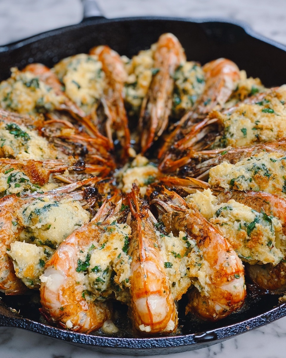 A black pan filled with a ring of large shrimp arranged closely together, each shrimp split open and topped with a creamy mixture that is pale yellow with green herb bits, giving it a textured look. The shrimp shells are light brown and pinkish, contrasting with the soft, slightly browned filling on top. The shrimp tails point upward and outward, creating a layered circular pattern with the creamy topping covering the inner part of each shrimp half. The whole scene sits on a white marbled surface. photo taken with an iphone --ar 4:5 --v 7
