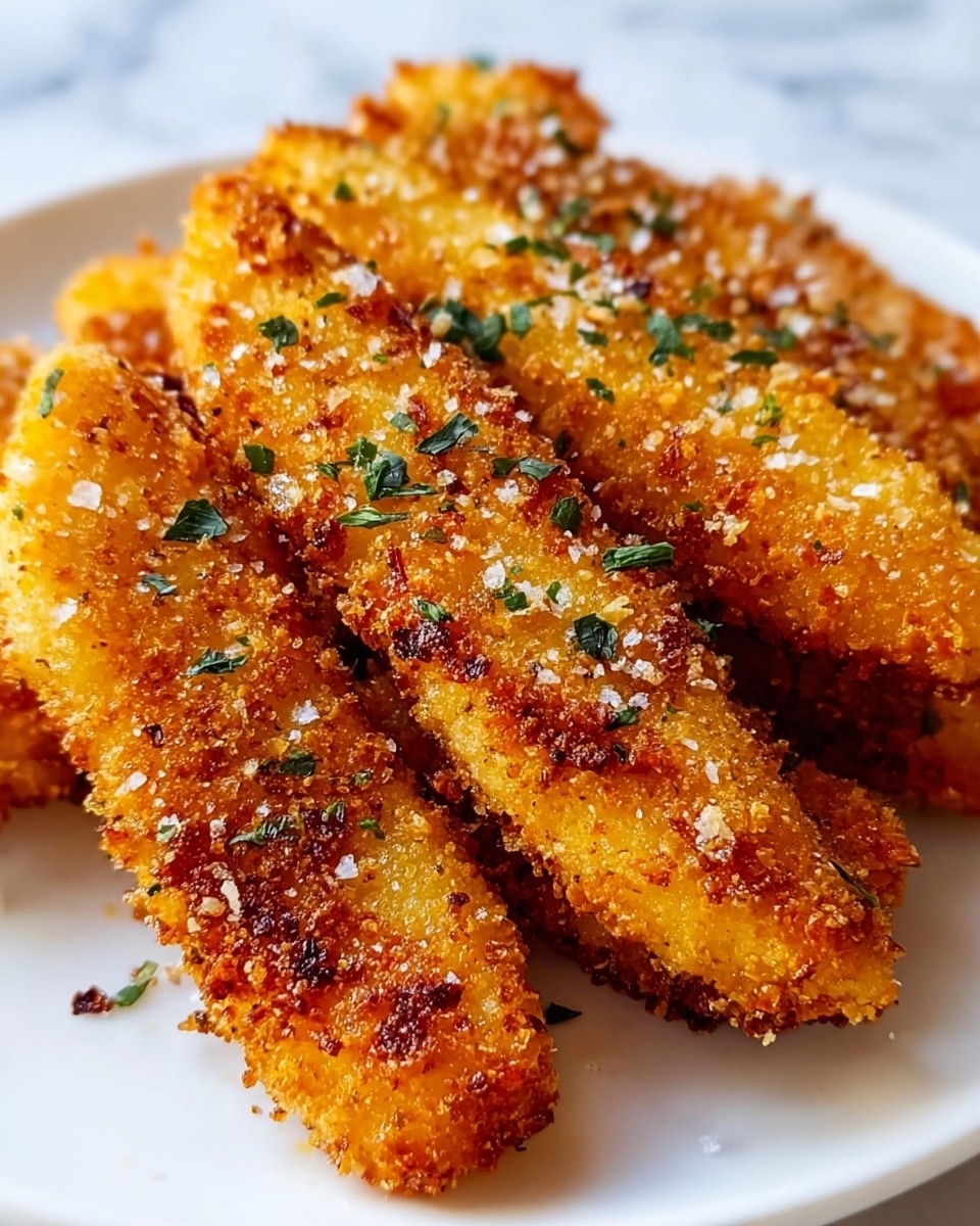 The image shows a close-up of five golden brown crispy fried strips arranged on a white plate. Each strip has a crunchy, crumb-coated texture with small irregular breading pieces and a slightly rough surface. The top layer of the strips features a bright golden color with some darker toasted spots, sprinkled lightly with coarse white salt and small green herb flakes. The plate sits on a white marbled surface, and the focus is on the textured coating of the strips, making them look crunchy and savory. photo taken with an iphone --ar 4:5 --v 7