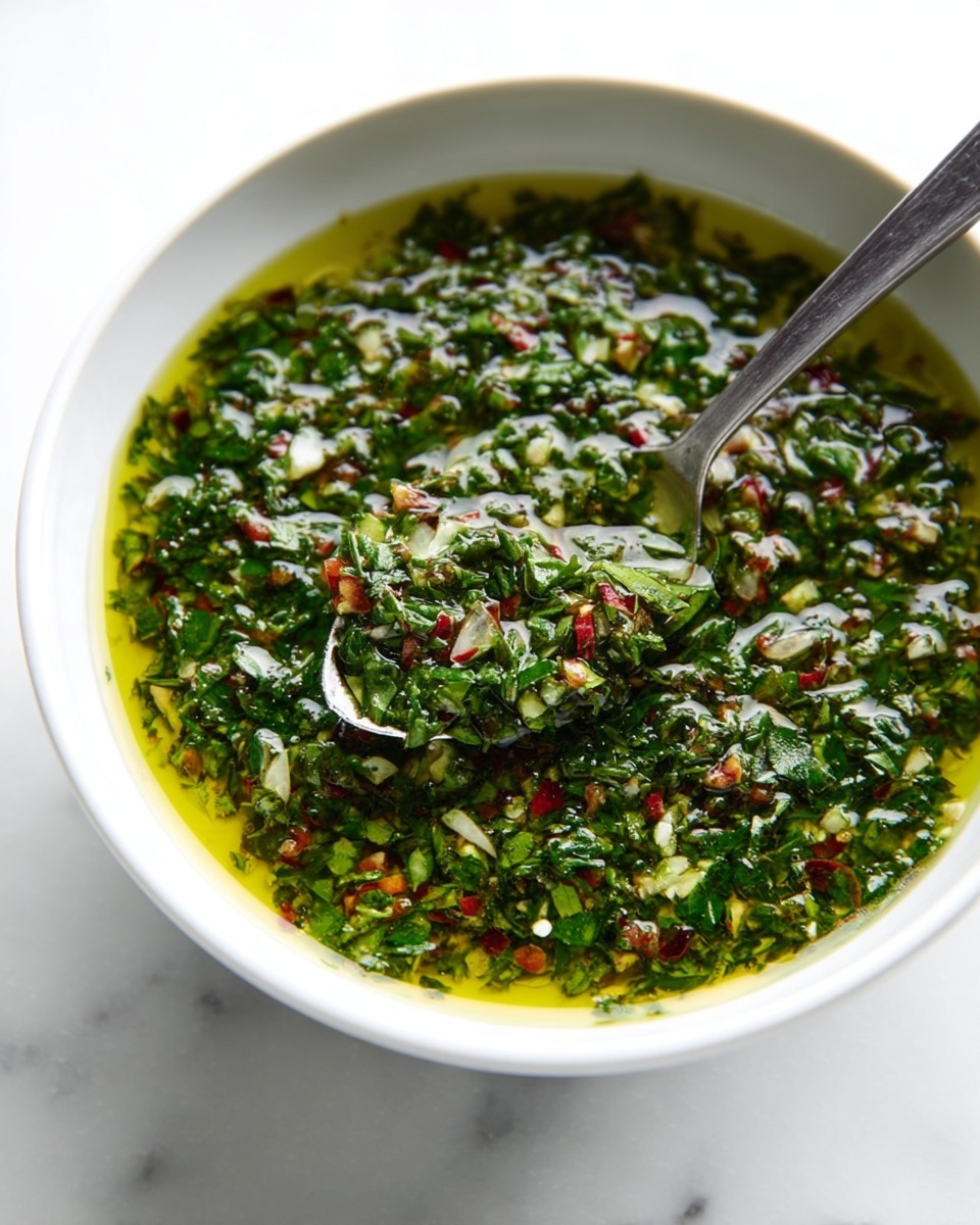 A white bowl filled with a green sauce made from finely chopped herbs and small red chili pieces mixed in a layer of golden olive oil on top. The texture is a mix of smooth oil and small herb bits, creating a vibrant green and red speckled pattern. A silver spoon rests inside the bowl, angled upwards, with the bowl placed on a white marbled surface. photo taken with an iphone --ar 4:5 --v 7