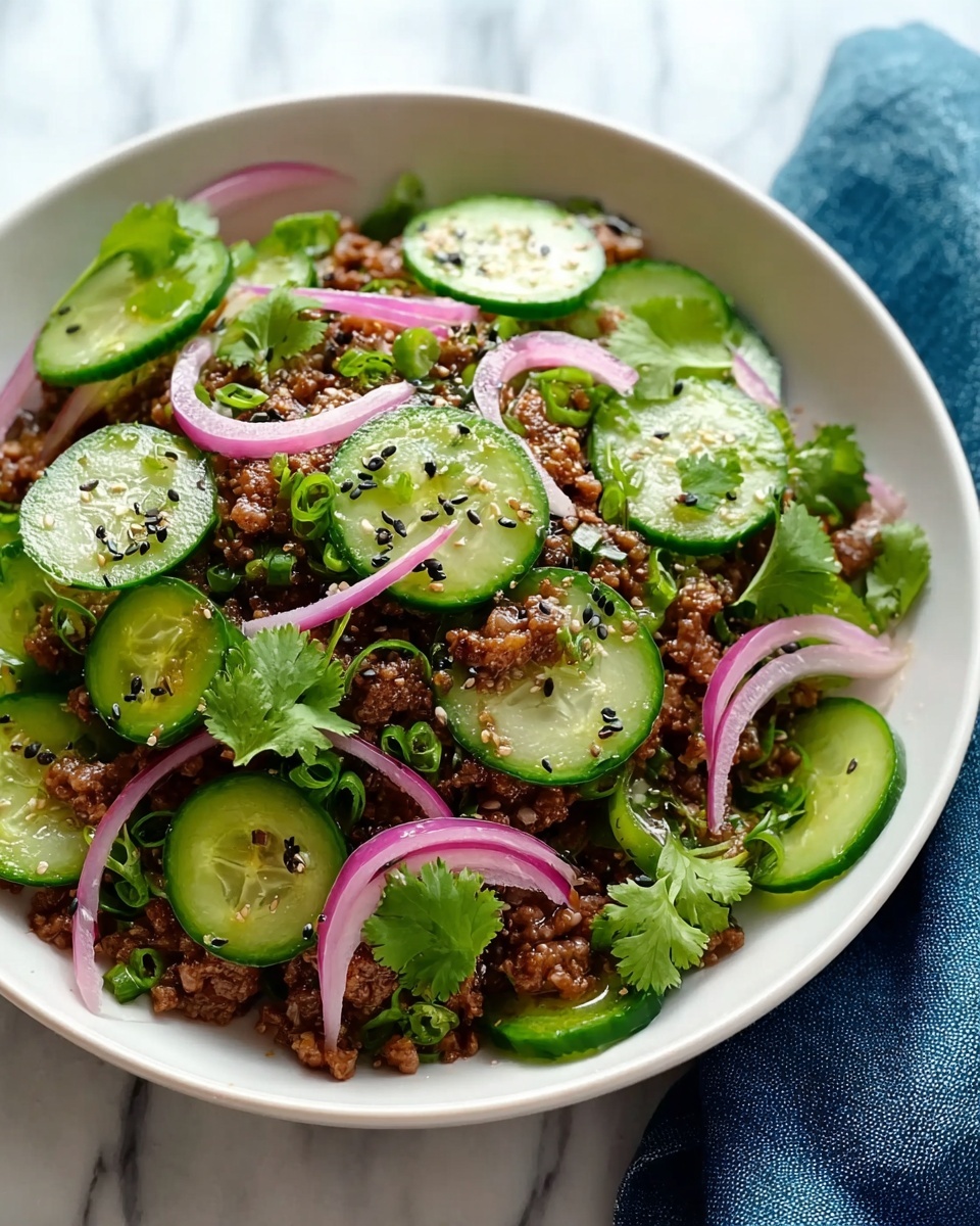 A white bowl sits on a white marbled surface, filled with a dish that has two main parts: one part contains sliced green cucumber rounds neatly arranged along the bowl’s edge, smooth and crisp in texture; the other part holds a dark brown minced mixture, cooked and slightly shiny, mixed with thin slices of purple onion and small pieces of bright green scallion scattered on top. The overall look is fresh with a mix of cool green and warm brown shades, with a few darker and lighter green bits on the top for contrast. photo taken with an iphone --ar 4:5 --v 7