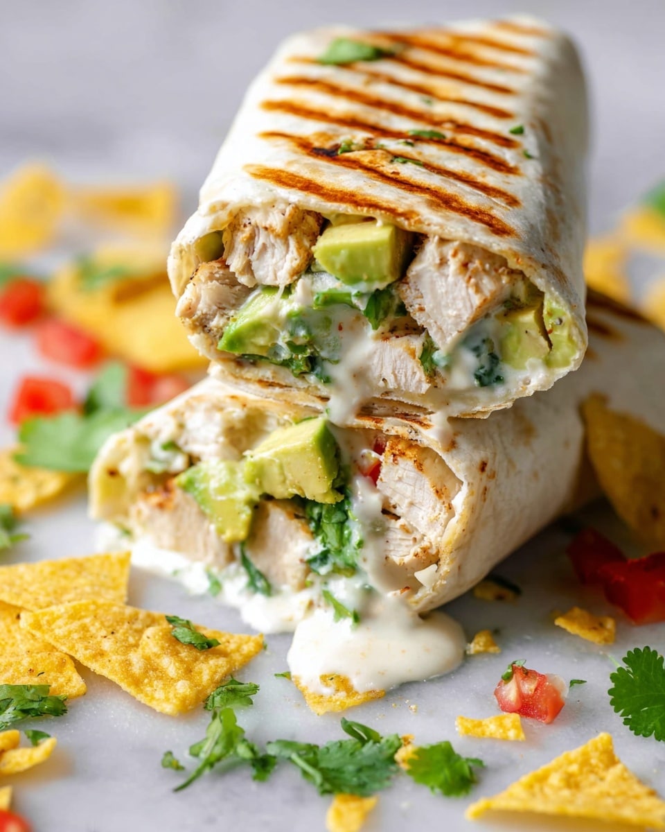 Two grilled wraps stacked on top of each other are shown on a white marbled surface. Each wrap has a golden-brown, slightly crispy outer layer with grill marks. Inside, layers of light grilled chicken pieces and bright green avocado chunks mix with fresh green lettuce. There is a creamy white sauce dripping out from inside the wraps, adding smooth texture and moisture. Scattered around are small tortilla chips and pieces of fresh cilantro. The close-up view highlights the fresh and soft texture inside the crispy wrap. Photo taken with an iphone --ar 4:5 --v 7
