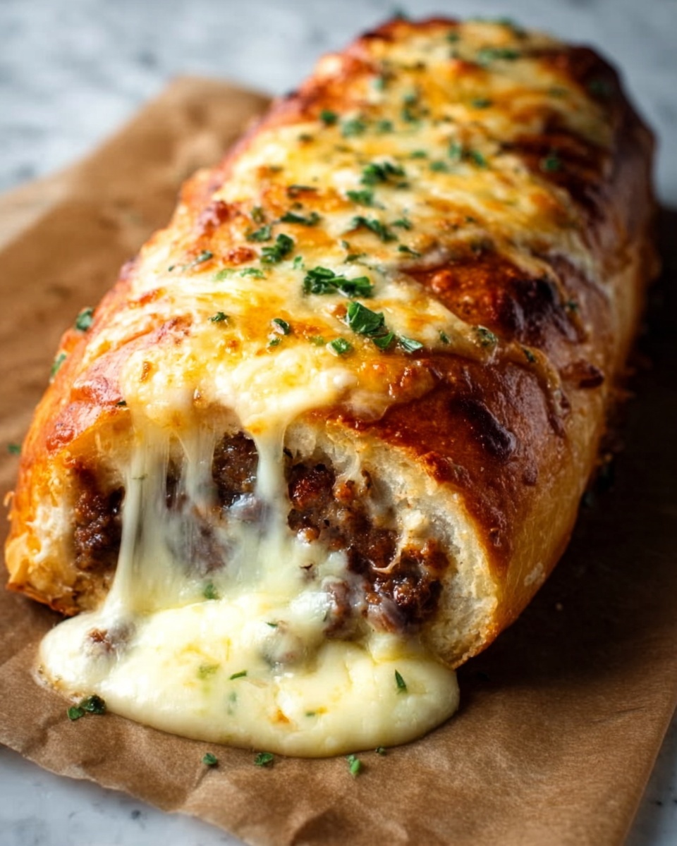 The image shows a golden-brown baked roll filled with a dark brown meat mixture inside. The roll is sliced open at one end, revealing melted light yellow cheese stretching out from the filling. On top of the roll, there is a layer of melted cheese with spots of brown crispness and small green herbs sprinkled. The roll rests on brown parchment paper placed on a white marbled surface. photo taken with an iphone --ar 4:5 --v 7
