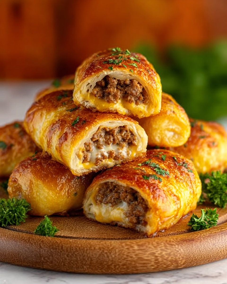 The image shows a close-up of stuffed golden brown rolls arranged on a round white wooden board. Each roll has a crispy, slightly shiny outside with some green herbs sprinkled on top. One roll is cut open, showing two visible layers inside: a meaty brown filling, soft and crumbly, and a smooth, melted yellow cheese layer underneath. The rolls are stacked with some parsley around the board for decoration. The background is softly blurred with warm colors, and the surface beneath the board is a white marbled texture. photo taken with an iphone --ar 4:5 --v 7