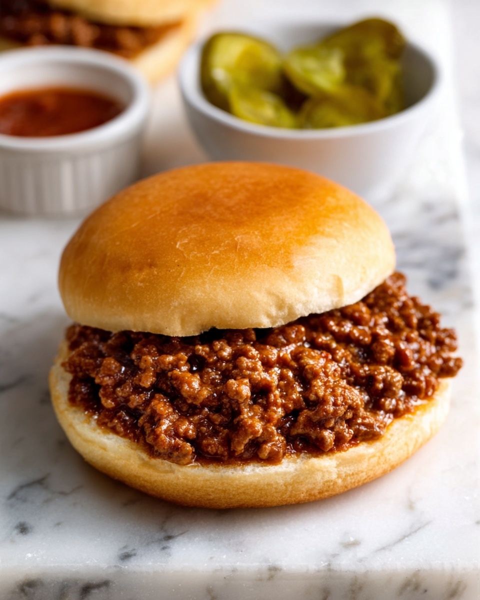 A white bun sandwich open-faced, showing one thick bottom bun with a mound of loose, cooked ground meat in a rich brown sauce that looks moist and chunky. The top bun, smooth and golden, rests slightly behind. In the background, there is a small white bowl with green pickle slices and a small white cup with a red sauce. The whole scene is set on a white marbled surface. Photo taken with an iphone --ar 4:5 --v 7