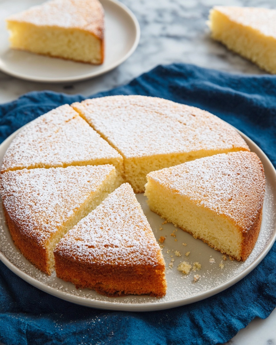 The image shows a round cake with one slice taken out, placed on a white plate over a dark blue cloth on a white marbled surface. The cake has one visible layer with a light golden brown crust and a moist pale yellow inside. The top is dusted with a thin layer of white powdered sugar, evenly spread, adding a soft texture. The cake is cut into eight equal triangular slices, with clean edges showing the soft crumb inside. In the background, a small part of another white plate holds a slice of the same cake. Photo taken with an iphone --ar 4:5 --v 7