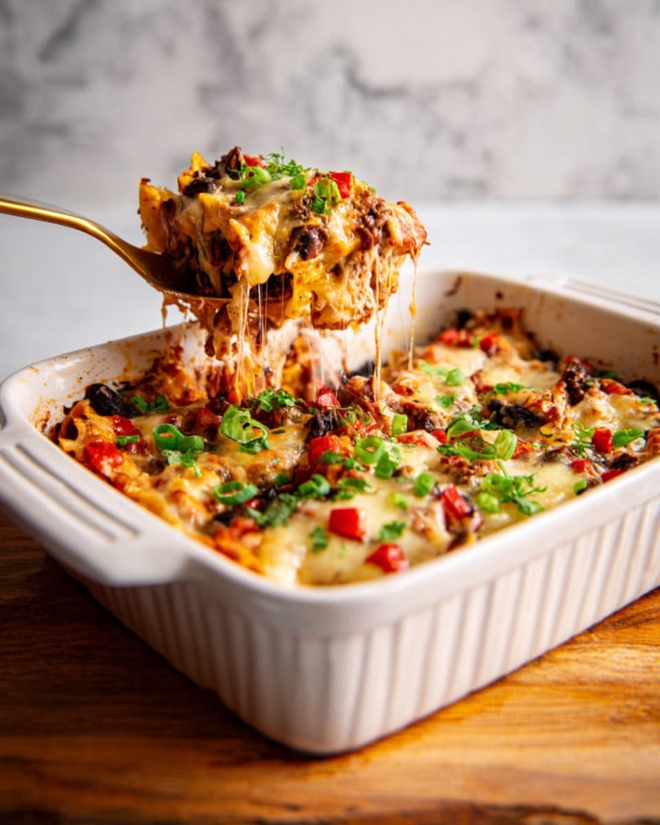 A white rectangular casserole dish filled with a layered baked pasta dish topped with melted cheese, small green chopped herbs, and bits of red, black, and green vegetables. A golden-colored spoon, held by a woman's hand, lifts a serving showing gooey melted cheese stretching from the dish. The dish sits on a wooden surface with a white marbled background. photo taken with an iphone --ar 4:5 --v 7