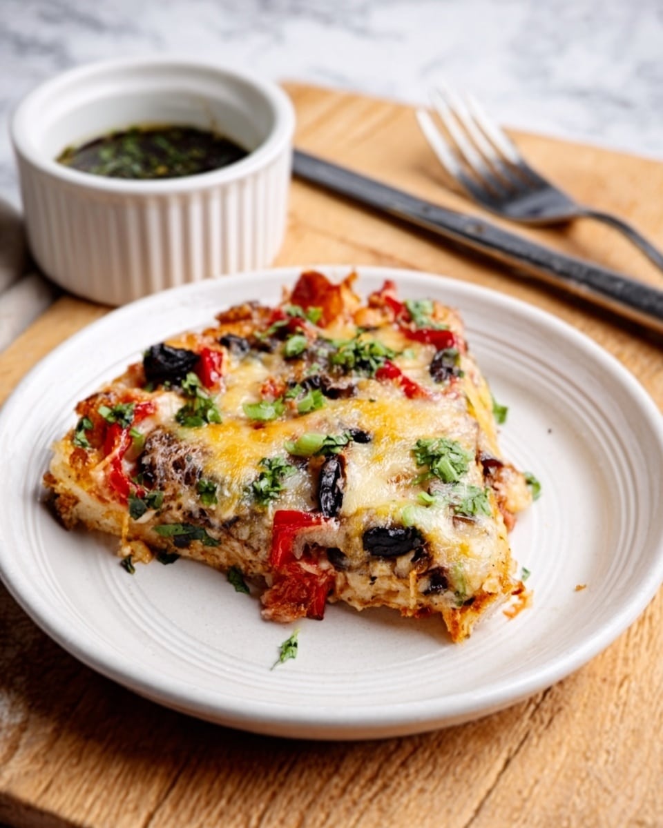 A slice of vegetable pizza with a crispy golden-brown crust sits on a white plate. The pizza layer shows melted light yellow cheese on top, with visible pieces of red bell pepper, black olives, green herbs, and bits of tomato spread evenly. The texture of the pizza looks slightly crunchy with melted cheese stretching in places. The plate is on a wooden surface with a fork and knife nearby and a small white bowl with dark green sauce at the side. The background is a white marbled texture. photo taken with an iphone --ar 4:5 --v 7