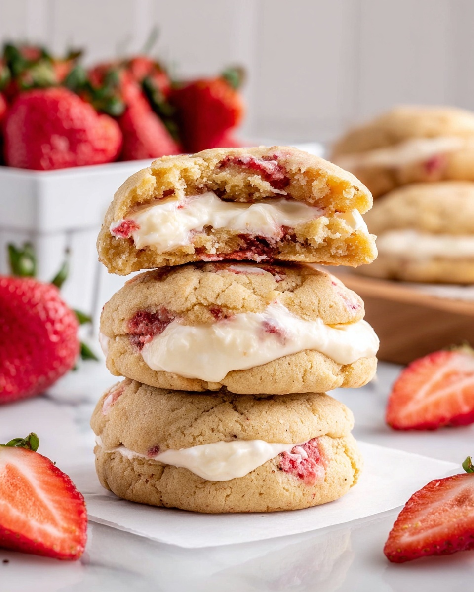 The image shows a close-up of several round cookies filled with cream and pieces of red fruit, likely strawberry, inside. Each cookie is slightly cracked on the surface, revealing the soft cream layer in the middle. The cookies have a crumbly texture with uneven brown tones and bits of fruit embedded in the dough. One cookie is broken open, showing the creamy white center with vibrant red fruit pieces in the middle layer, surrounded by the golden-brown cookie dough layer on the outside. A bright red strawberry with green leaves is placed next to the cookies on a white marbled surface. Photo taken with an iphone --ar 4:5 --v 7