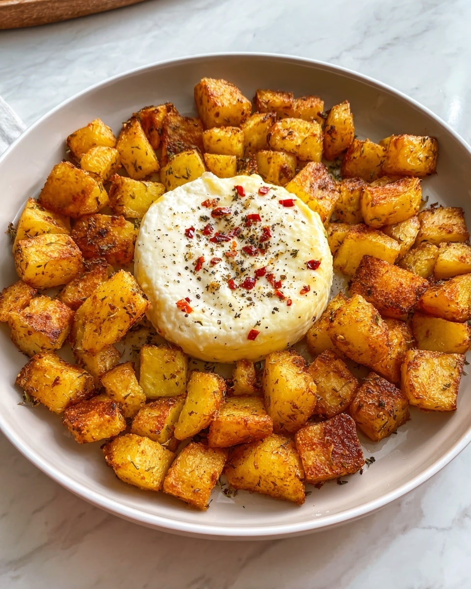 A round white dish holds crispy golden roasted potato cubes arranged in a circle around a single round block of soft cream cheese in the center. The potatoes have a slightly charred, browned texture with specks of herbs and spices visible on the surface. The cream cheese is smooth and white, sprinkled with cracked black pepper and small red chili flakes on top. The dish rests on a white marbled surface with soft natural lighting. Photo taken with an iphone --ar 4:5 --v 7