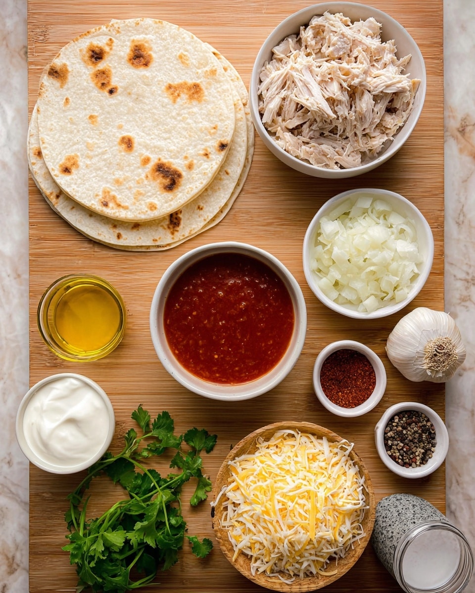 The image shows several ingredients arranged neatly on a wooden surface. On the left, two round tortillas with brown spots sit stacked. A small white bowl of light yellow oil is just right of the tortillas. Above it, a white bowl is filled with shredded light beige chicken. Below the oil, a white bowl contains finely chopped white onions, and beneath that, a small clear container holds white sour cream. Next to the sour cream is a sprig of fresh green cilantro. Near the center, a white bowl holds bright red sauce with a smooth texture. To the right of the sauce, two small white bowls contain ground dark red and green spices. Below the sauce, a larger white bowl is filled with shredded pale yellow cheese. On the bottom right, a wooden board holds a white jar of coarse pink salt and a small stone bowl with black, white, and brown peppercorns. A whole garlic bulb rests beside the cilantro and cheese. The background is a white marbled surface. photo taken with an iphone --ar 4:5 --v 7