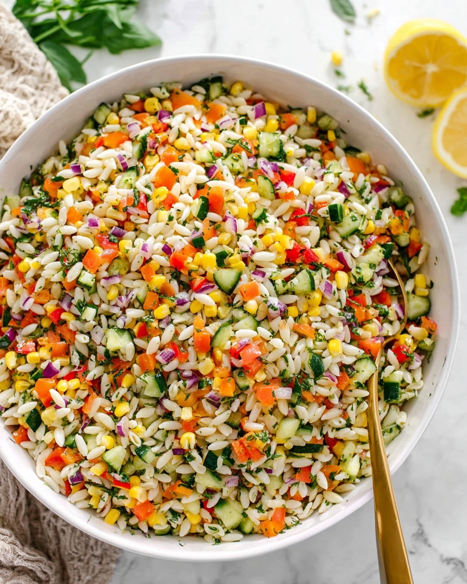 A close-up view of a large white bowl filled with a colorful salad, showing a mix of small, oval-shaped white orzo pasta, bright yellow corn kernels, diced orange and red bell peppers, finely chopped red onion, green cucumber pieces, and small leafy herb bits evenly mixed throughout. A gold spoon is partially visible on the right side of the bowl resting among the salad. The bowl sits on a white marbled surface with a halved lemon and a few green basil leaves scattered around. Photo taken with an iphone --ar 4:5 --v 7