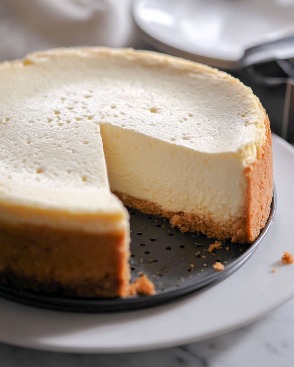 A classic cheesecake with two visible layers; the top layer is a smooth, creamy pale yellow cheese filling, thick and dense with a slightly firm texture on the surface, while the bottom layer is a thin, crumbly brown crust made from crushed cookies or biscuits. One slice is removed, showing the even height and clean edges of the cheesecake. It sits inside a dark, perforated round baking pan placed on a white plate, all set on a white marbled surface. A cake server lies nearby ready to serve photo taken with an iphone --ar 4:5 --v 7