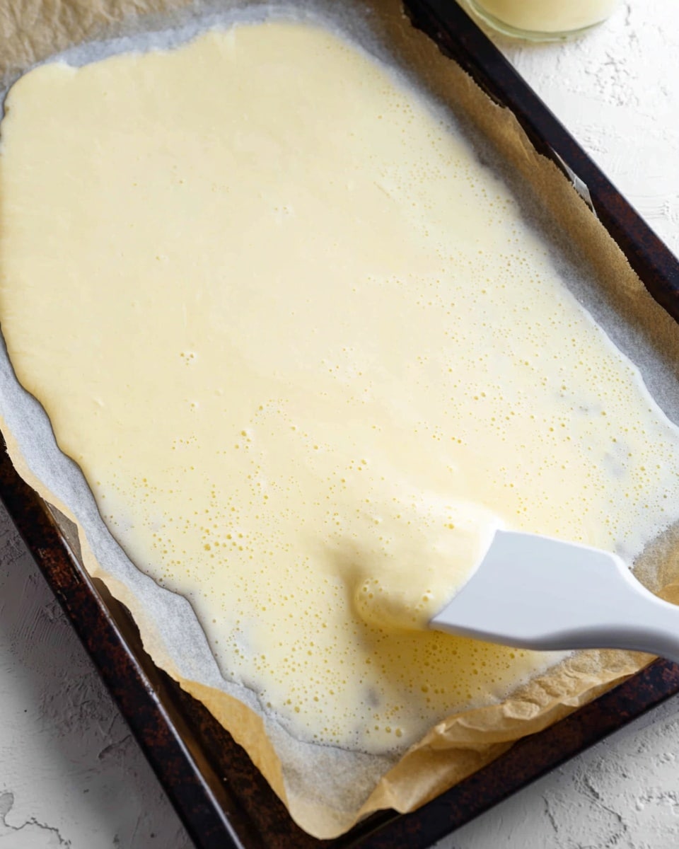 The image shows a thin, light yellow creamy batter spread unevenly on a sheet of parchment paper lined inside a dark baking tray. A white spatula is gently pushing the batter from the bottom right corner, creating a slightly curved texture in that area. The batter has a smooth, slightly foamy surface with small bubbles visible, and the edges of the parchment paper are slightly wrinkled. The background is a white marbled surface with a faint yellowish glass jar on the top right edge of the image photo taken with an iphone --ar 4:5 --v 7