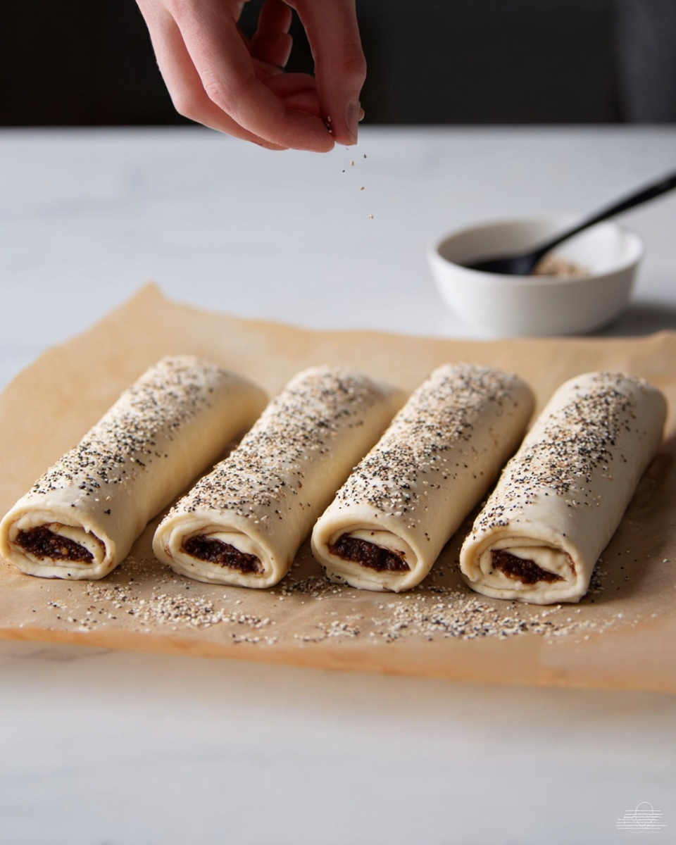 The image shows four long pastry rolls placed side by side on a sheet of parchment paper. Each roll has a light beige dough exterior wrapped around a dark brown filling visible at the open ends. The top of each roll is sprinkled with coarse black and white seasoning, likely pepper and salt. A blurred woman's hand is seen above the rolls, sprinkling seasoning on them. In the background, there is a small white bowl with a black spoon inside. The surface beneath everything is a white marbled texture. Photo taken with an iphone --ar 4:5 --v 7
