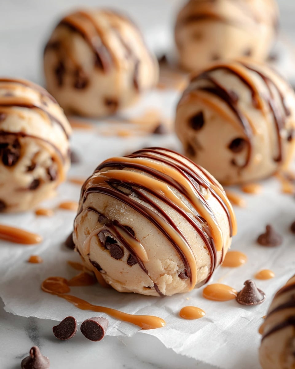 This image shows round balls made of light beige cookie dough with dark chocolate chips mixed inside. Each ball has shiny caramel-colored and dark brown chocolate sauce drizzled in thin, wavy lines over the top, with some sauce dripping down the sides and pooling slightly underneath. The balls sit on a piece of white parchment paper over a white marbled surface. Scattered around the balls are loose chocolate chips in different sizes, adding texture and color contrast. The focus is sharp on the nearest ball, with the others softly blurred in the background. photo taken with an iphone --ar 4:5 --v 7