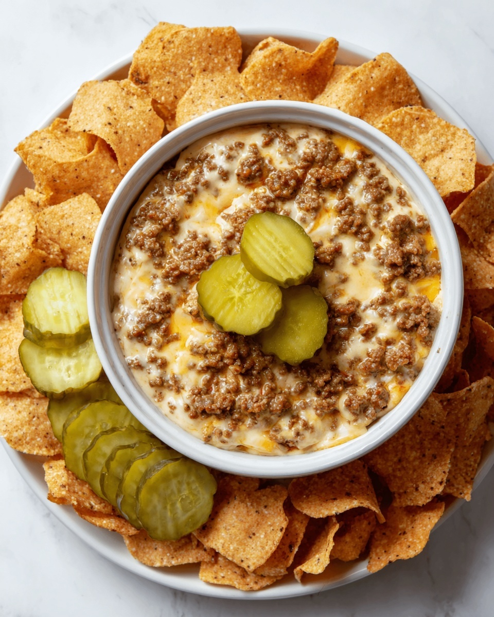 A white bowl filled with creamy cheesy dip mixed with browned ground meat is placed at the center of a round arrangement of golden tortilla chips that surround the bowl completely. On top of the dip are three slices of green pickles, neatly stacked, adding contrast. Around the chips, there is a small layer of more green pickle slices on the white marbled surface. The image is bright and clean with a top-down view. Photo taken with an iphone --ar 4:5 --v 7