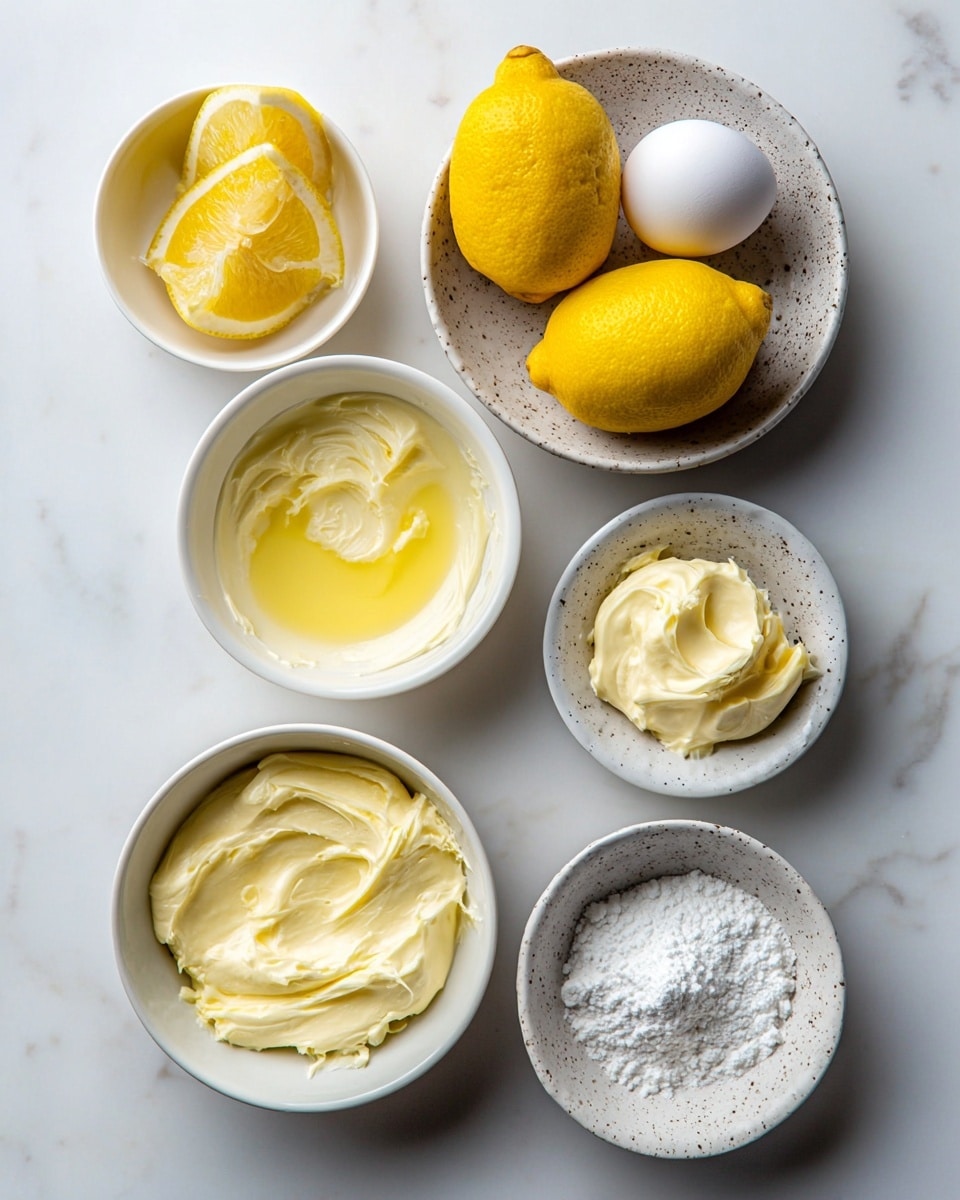 The image shows seven white bowls and dishes arranged on a white marbled surface, each containing a different baking ingredient. Starting from the top left, a small bowl holds bright yellow lemon wedges with a juicy texture. Next to it are two whole lemons with a shiny, dimpled yellow skin resting directly on the surface. To the right, a speckled small bowl holds a smooth white egg. Below, a larger speckled bowl contains creamy, pale yellow softened butter with visible smooth swirls. To the left, a medium white bowl has melted butter showing a glossy light yellow color with some patches of white. Below, a white bowl filled with smooth, light yellow cream cheese or softened butter forms soft peaks. Finally, a white bowl on the bottom right is filled with fine white powdered sugar layered evenly. The arrangement is clean and bright, with the contrasting shades of yellow and white standing out sharply against the marbled background. photo taken with an iphone --ar 4:5 --v 7