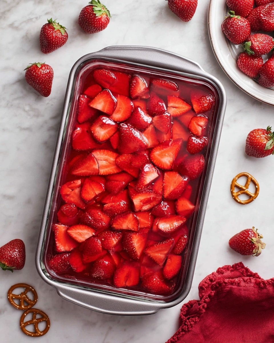 A glass rectangular dish filled with a thick layer of bright red strawberry slices, all soaking in a shiny red liquid that covers the top. The dish is placed inside a gray metal baking pan sitting on a white marbled surface. Around the dish, there are several whole strawberries scattered, and a white plate filled with more whole strawberries can be seen near the top right. There is also a red cloth near the plate. At the bottom of the image, a few small pretzels are scattered on the white marbled surface. photo taken with an iphone --ar 4:5 --v 7