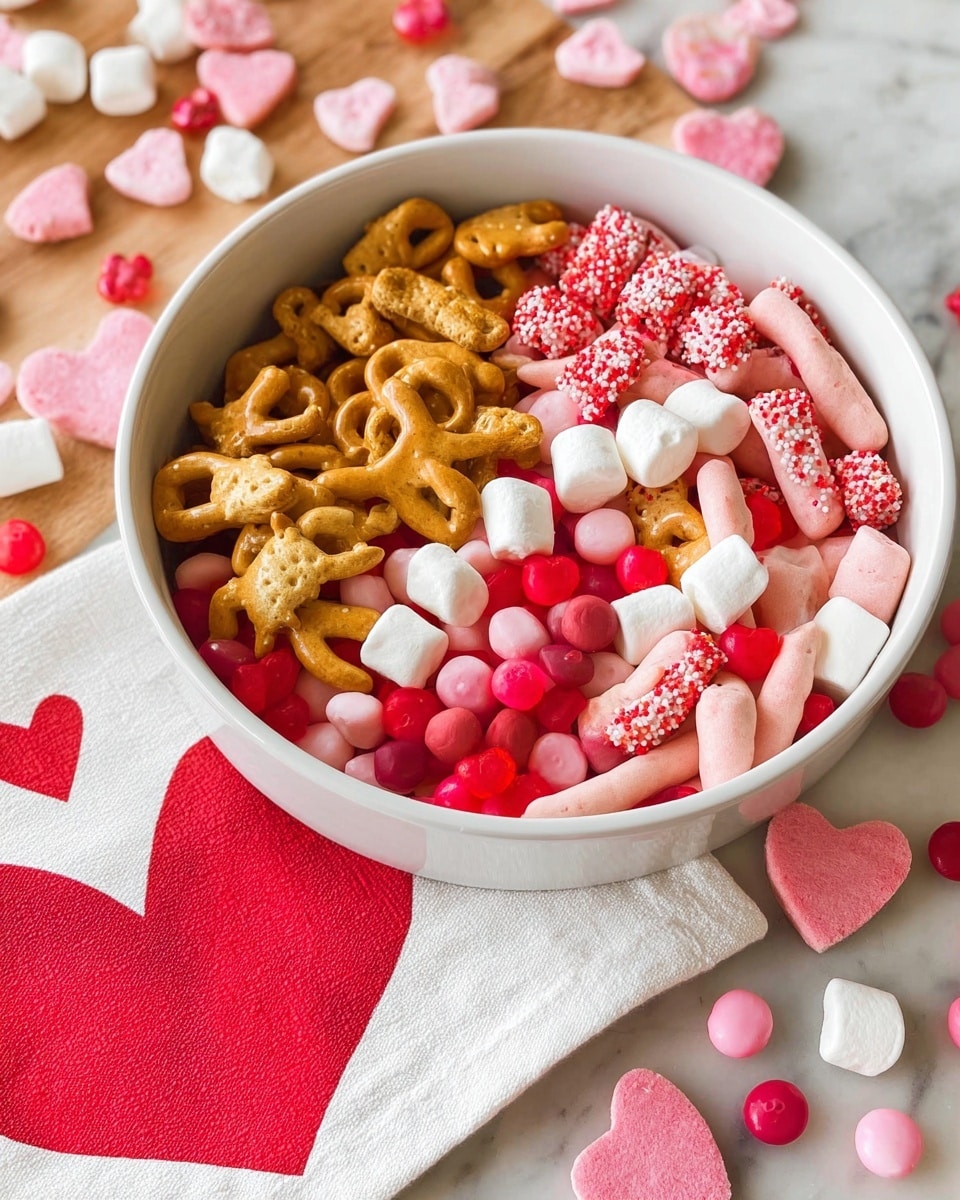 A white bowl full of a colorful mix of snacks sits on a white marbled surface. Inside the bowl, there are multiple layers: the bottom layer has small red, pink, and white candy-coated pieces; the middle layer contains small golden animal-shaped crackers; on top of this, there are various light pink yogurt-covered pretzels and sticks with red sprinkles. Around the bowl on the white cloth with a large red heart design, there are scattered pink and white heart-shaped marshmallows and round pink and red candy pieces. The scene is bright and playful, focusing on Valentine-themed colors and shapes photo taken with an iphone --ar 4:5 --v 7