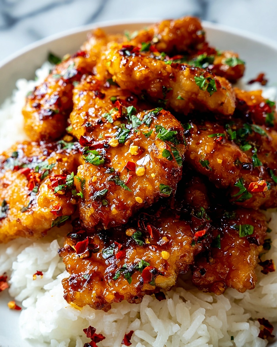 A close-up view of a white plate filled with one main layer of white cooked rice, topped with multiple golden brown pieces of chicken coated in a shiny, sticky sauce. The chicken pieces are sprinkled with small red chili flakes and chopped green herbs, adding a mix of red and green colors over the glossy, caramelized texture of the chicken. The background shows a white marbled surface. Photo taken with an iphone --ar 4:5 --v 7