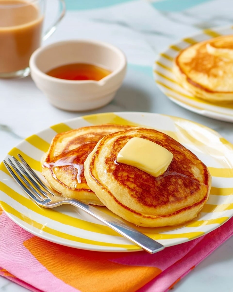 Three thick, round pancakes sit on a white plate with yellow vertical stripes. The top pancake has a square pat of melted butter slowly sinking in and syrup glistening on its golden-brown surface. A silver fork rests diagonally across the left side of the plate. In the background, a small white bowl filled with amber syrup and part of a glass filled with a light brown drink are visible, all on a white marbled surface. Another white plate with more golden pancakes and a fork is blurred in the background on the right. A pink and orange cloth napkin is partially under the plate. Photo taken with an iphone --ar 4:5 --v 7