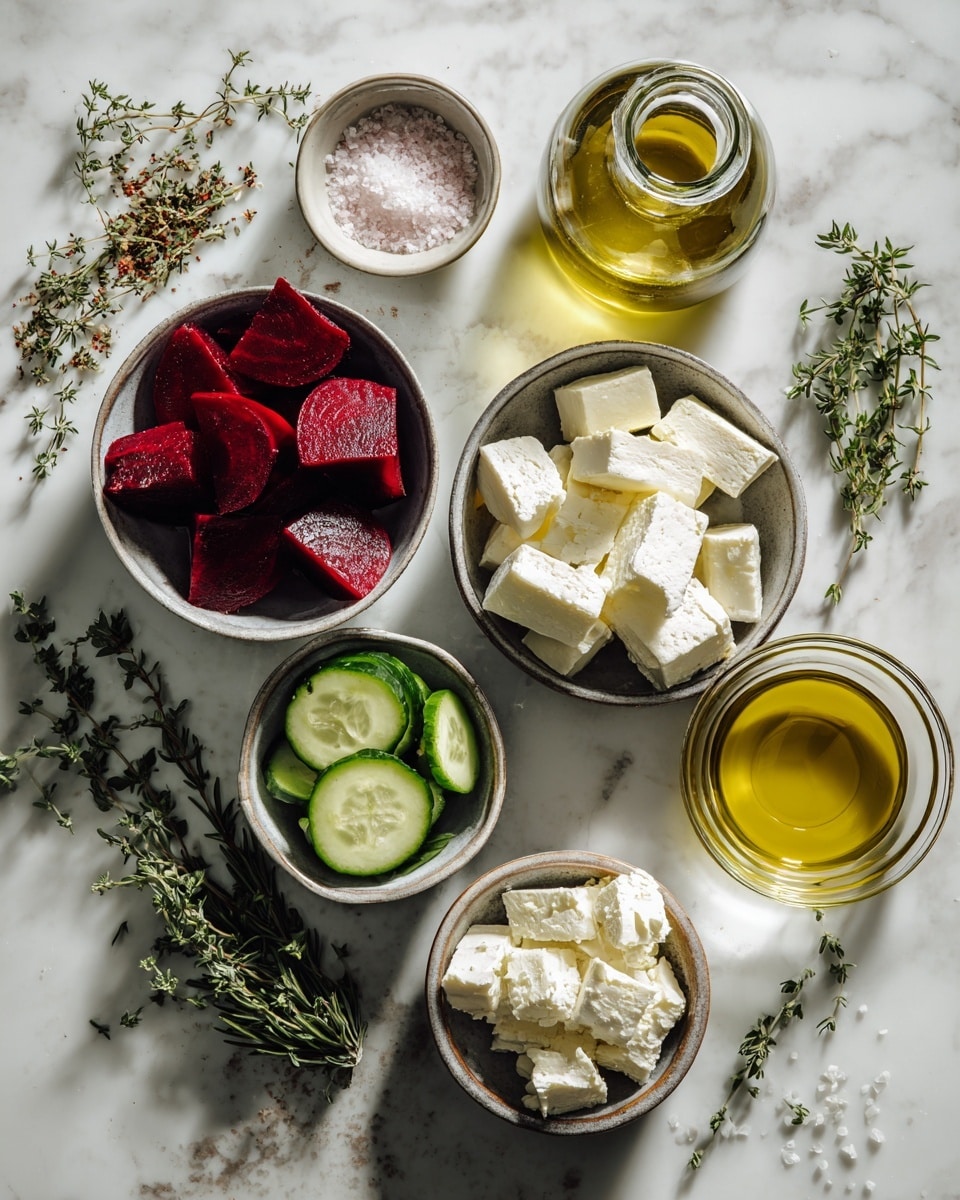 Several small white bowls and a glass jar are arranged on a white marbled surface. The bowls contain different fresh ingredients: one bowl has bright red beet chunks and slices, another has pale green cucumber slices in thin rounds, a third bowl is filled with white cubes of cheese that look soft and crumbly, and a small bowl holds coarse white salt. There are also two bowls with golden olive oil showing a smooth liquid surface. Around the bowls, sprigs of fresh green herbs and some loose coarse salt add a natural touch. The glass jar is clear and filled with olive oil, placed near the top center. The whole scene is bright with natural light highlighting the colors and textures, photo taken with an iphone --ar 4:5 --v 7