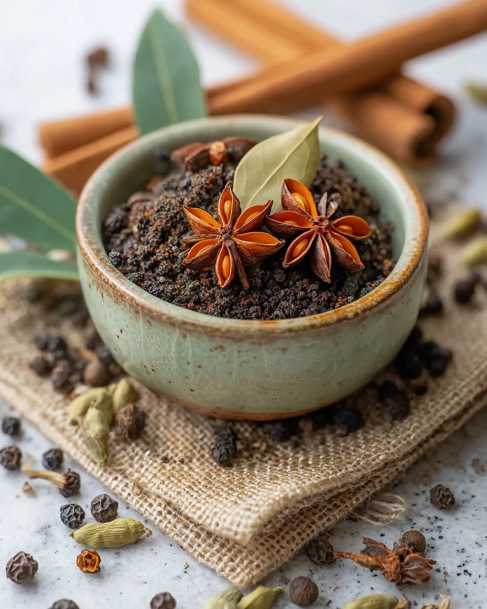 A small rustic bowl in light green is filled with dark brown crushed spices, topped with two star anise pods showing their bright orange seeds inside, and a dried bay leaf resting on top; the bowl is placed on a rough beige woven cloth on a white marbled surface scattered with various whole peppercorns and star anise pods, with two cinnamon sticks blurred in the background. Photo taken with an iphone --ar 4:5 --v 7