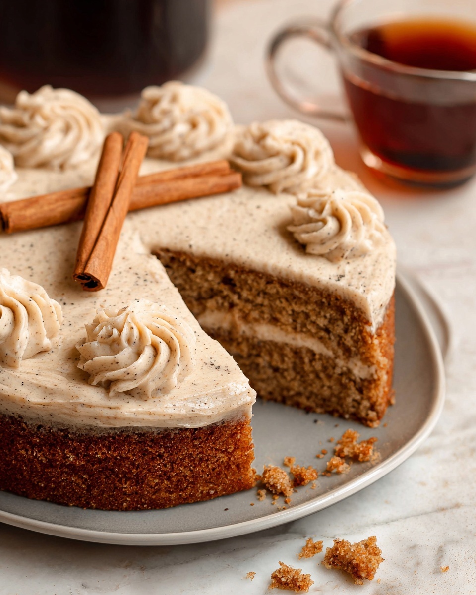 A two-layer brown cake with a soft texture sits on a white plate. The top layer is covered with thick, creamy, light beige frosting with visible specks. There are six swirls of frosting around the edge and two cinnamon sticks laying side by side in the middle. Some crumbs are scattered on the plate near the cake slice. The background shows a glass cup with dark brown liquid, and the surface is a white marbled texture. Photo taken with an iphone --ar 4:5 --v 7