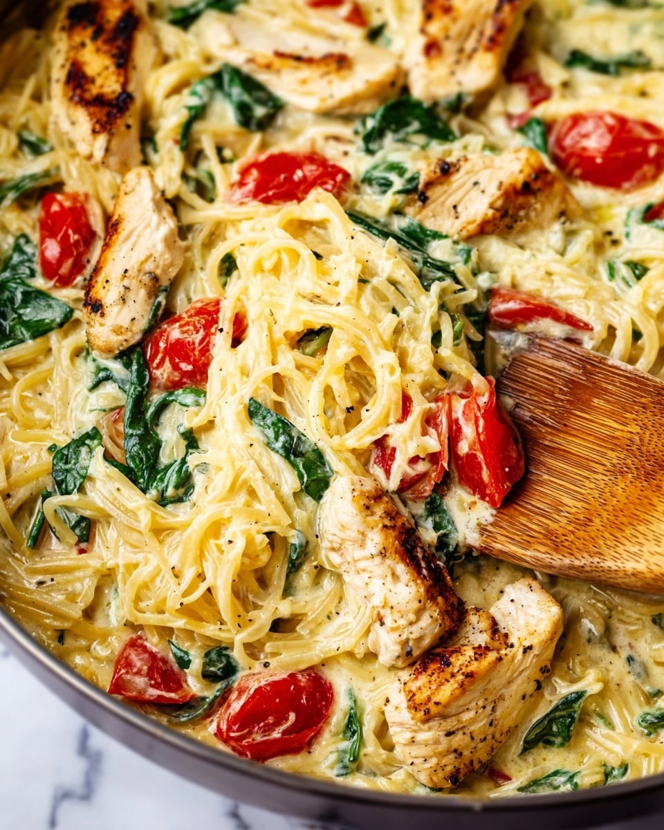 This close-up image shows a creamy pasta dish with several layers: the bottom layer is pale yellow spaghetti noodles, lightly coated in a thick white sauce with a smooth texture; scattered throughout are golden-brown pieces of cooked chicken with a grilled look, and deep green spinach leaves adding color contrast; bright red roasted tomato slices are spread evenly, giving pops of color; a wooden spoon is partially stirring the pasta on the right side with a woman's hand holding it; the entire dish sits in a pan visible only at the edges, and the background is a white marbled texture. photo taken with an iphone --ar 4:5 --v 7