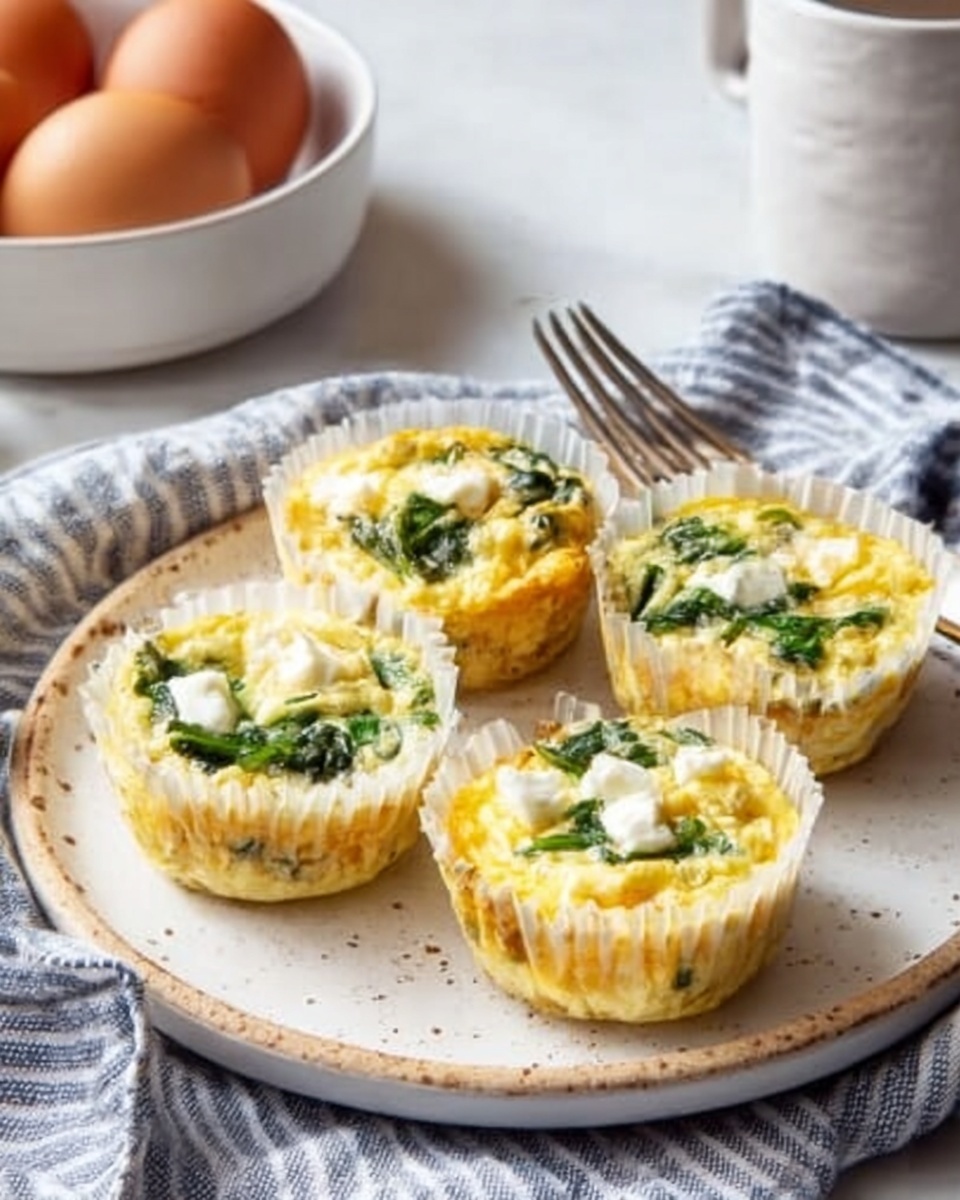 The image shows five small egg muffins placed on a white plate with specks. Each muffin is wrapped in a light yellow paper liner, and the egg mixture inside is yellow with visible green spinach leaves and small white cheese pieces on top. The plate is set on a white marbled surface next to a gray and white striped cloth. Behind the plate, there is a fork and a white bowl with brown eggs. The colors are soft and natural, and the focus is on the muffins in the center. Photo taken with an iphone --ar 4:5 --v 7