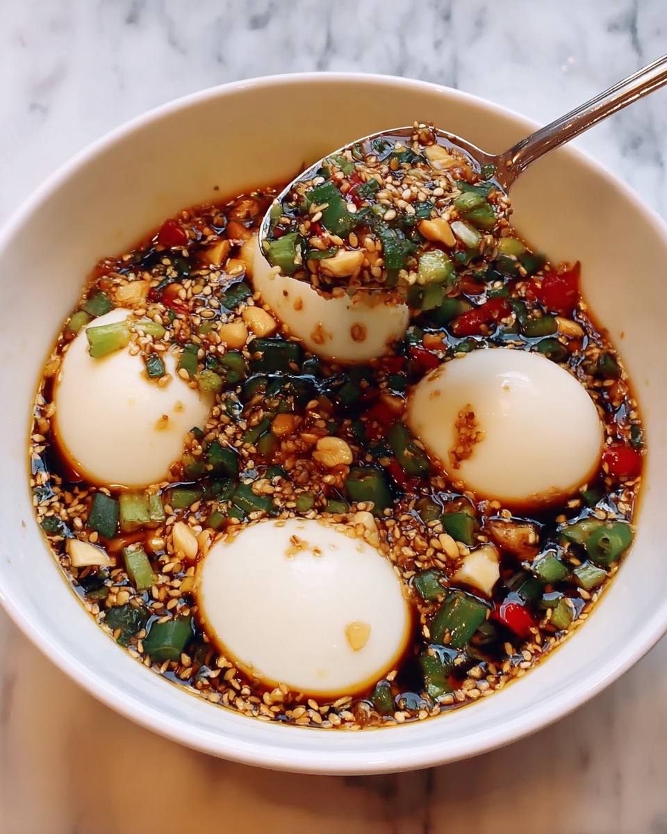 A white bowl holds four smooth, white boiled eggs partially covered by a dark sauce full of sesame seeds, small chopped green onions, red chili slices, and bits of garlic. A spoon lifts some of the sauce, showing its thick texture and the mix of ingredients. The bowl is set on a white marbled surface. photo taken with an iphone --ar 4:5 --v 7