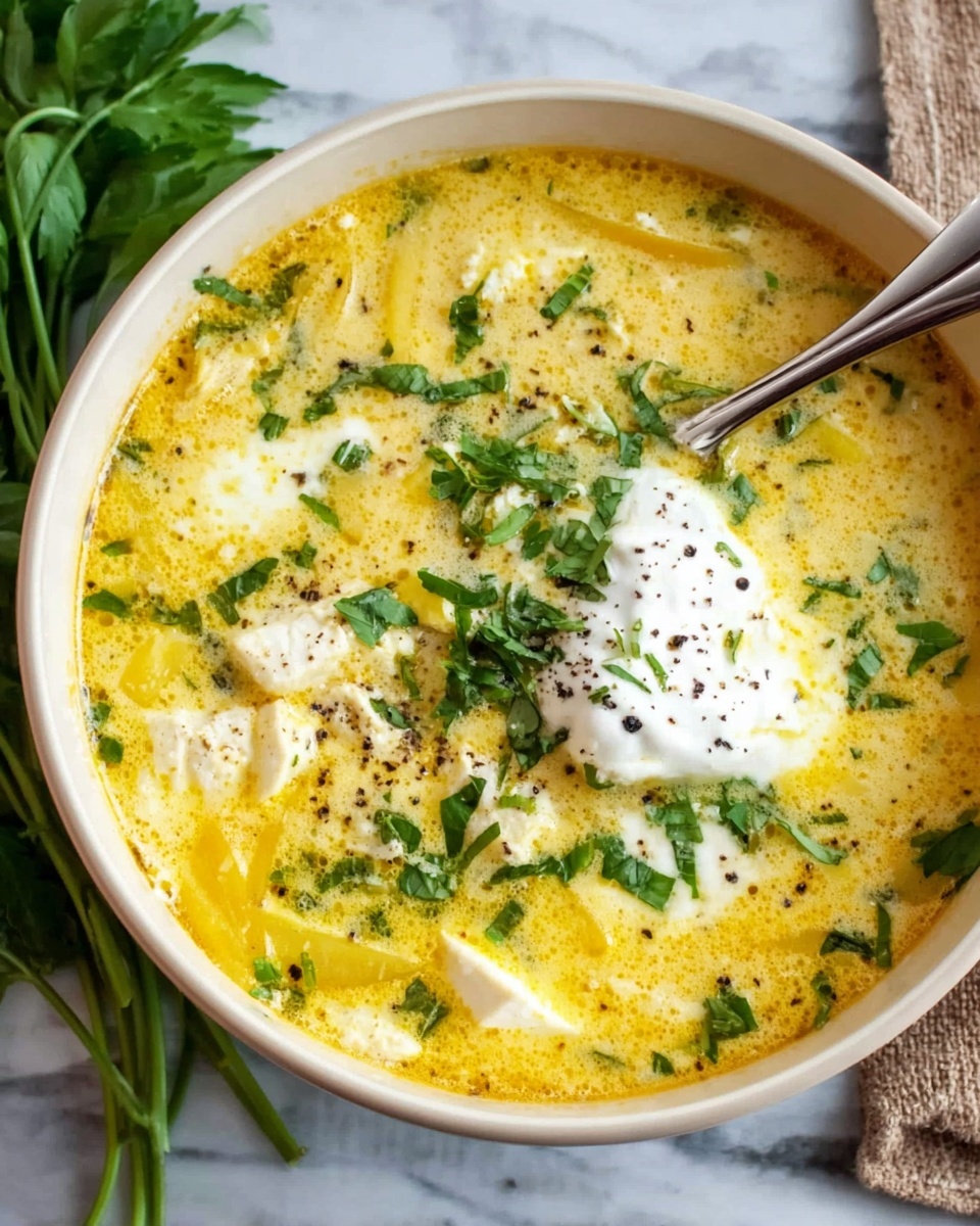 A close-up image of a white bowl filled with a creamy yellow soup. The soup has a smooth, slightly oily surface with green chopped herbs sprinkled on top. A spoon is lifted above the bowl, holding a thick white piece of food that looks soft and stringy, stretching a bit back into the soup. The bowl is set on a white marbled surface with a blurred background. Photo taken with an iphone --ar 4:5 --v 7