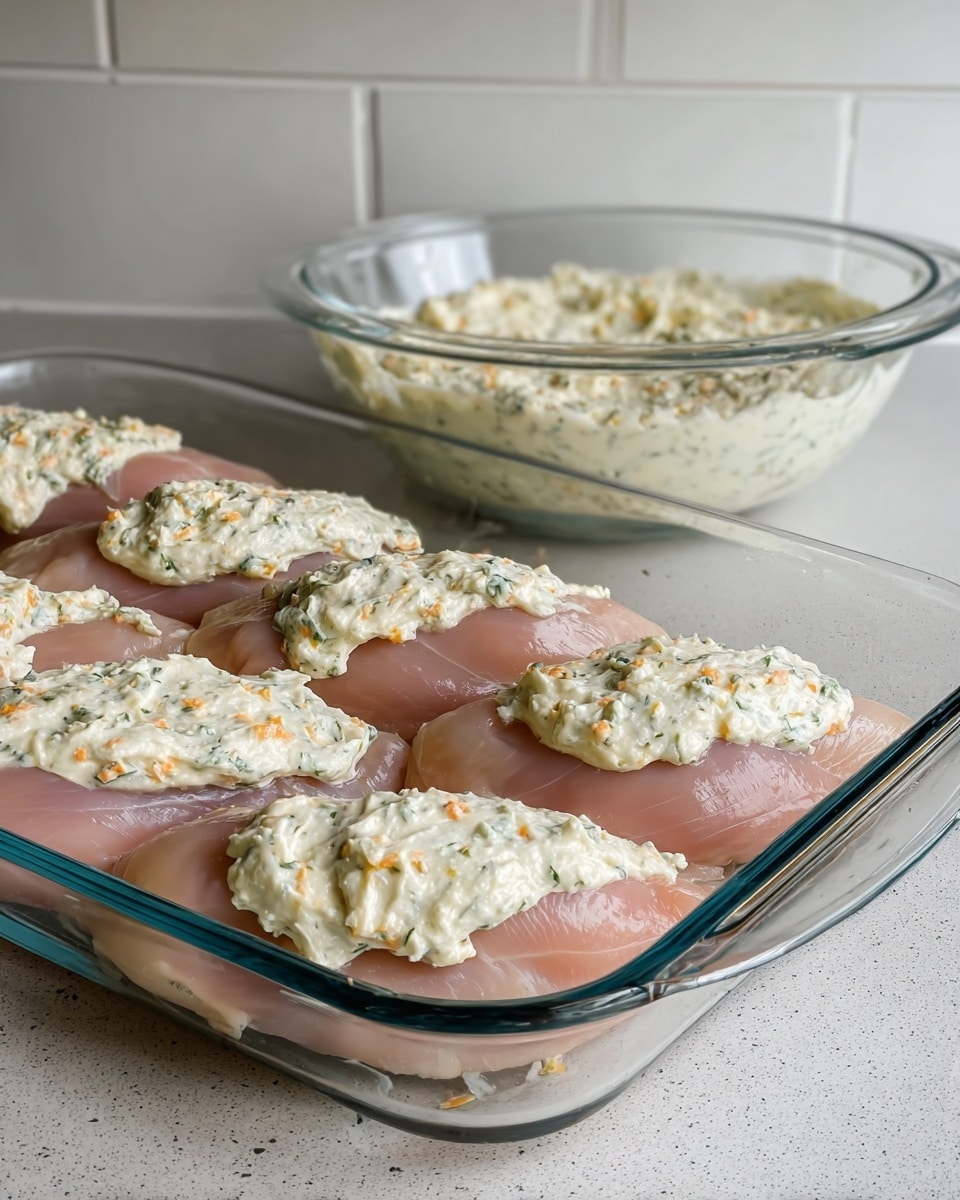 The image shows eight raw pink chicken pieces placed evenly in a clear glass baking dish, each topped with a thick layer of creamy white mixture that has visible bits of green herbs and tiny orange and yellow specks. Behind the baking dish, there is a clear bowl filled with the same creamy mixture, sitting on a black countertop. The background features a white tiled wall, and the whole setting is on a white marbled surface. The focus is on the fresh, uncooked chicken and the textured topping, with a natural kitchen light. photo taken with an iphone --ar 4:5 --v 7