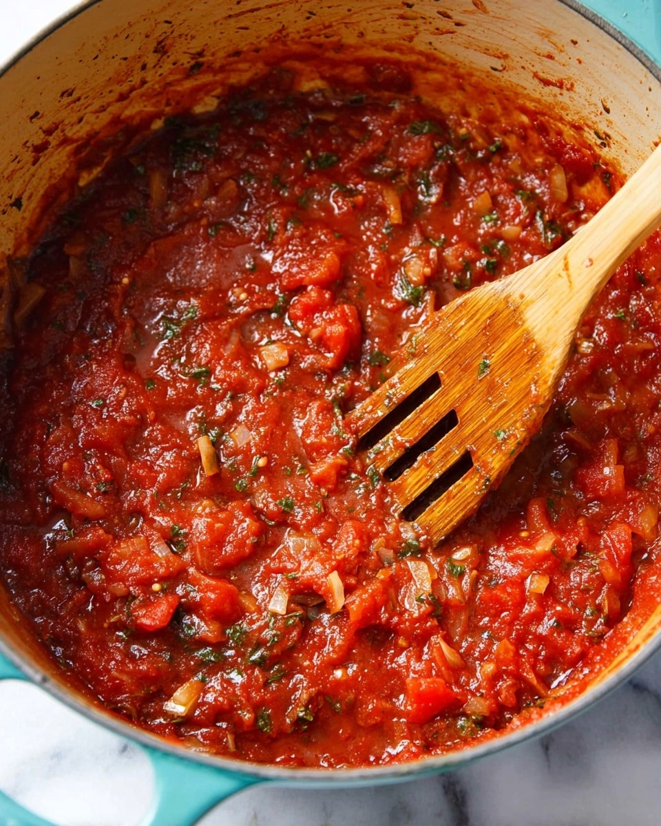 A close-up of a large light blue cooking pot filled with thick red tomato sauce mixed with small pieces of onion and green herbs evenly spread throughout. A wooden slotted spoon is placed inside the pot, resting on the sauce with the handle upright and bits of sauce stuck on it. The pot sits on a white marbled surface, and the sauce looks rich and chunky with visible textures of cooked tomatoes, fresh herbs, and softened onions. photo taken with an iphone --ar 4:5 --v 7