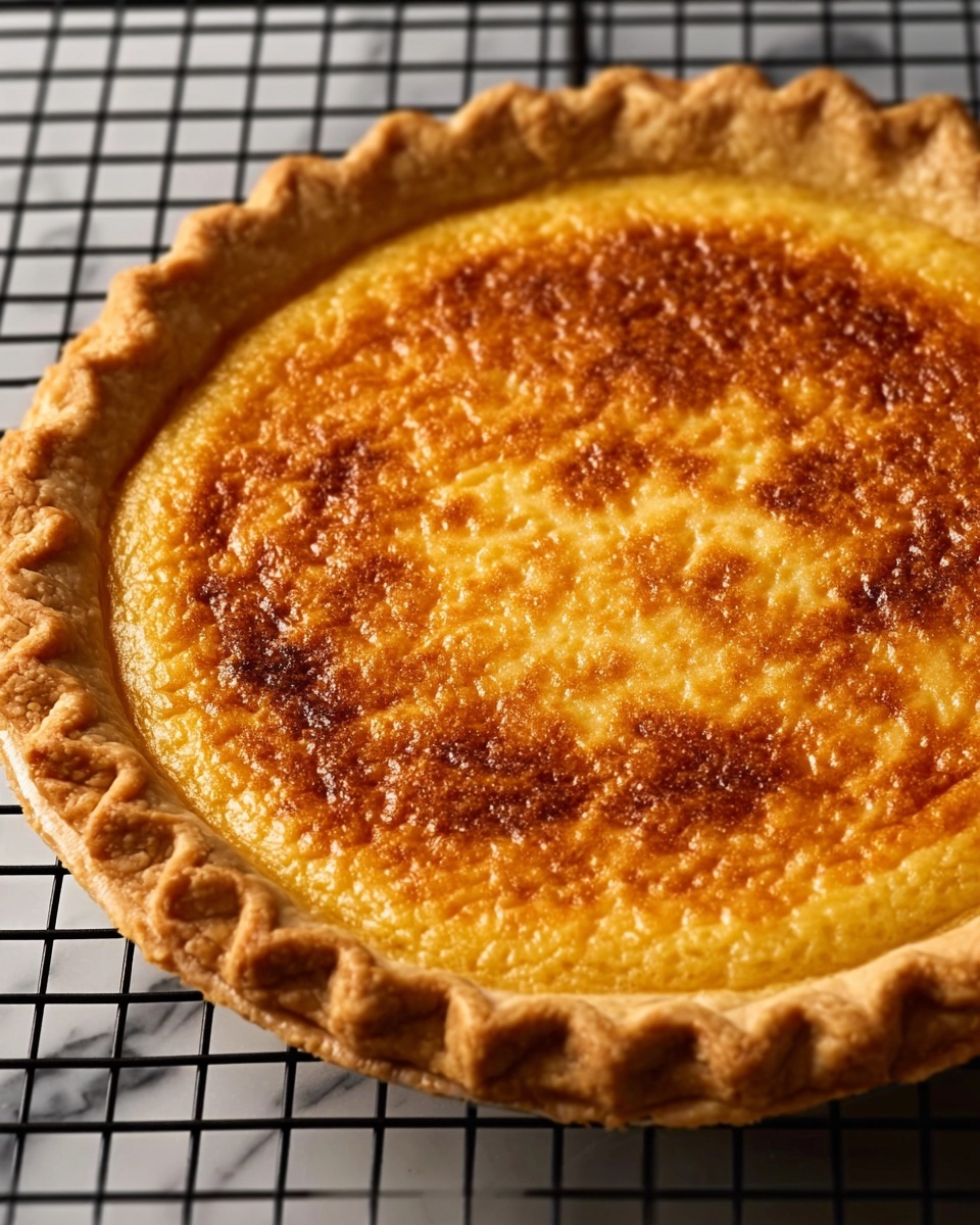 A round pie with a golden brown, slightly cracked top layer is shown. The crust is thick and fluted, evenly browned with a smooth, firm texture, wrapping fully around the pie’s edge. The pie is placed on a black wire rack, with a white marbled surface beneath it. The lighting highlights the pie’s warm tones and crisp crust. photo taken with an iphone --ar 4:5 --v 7