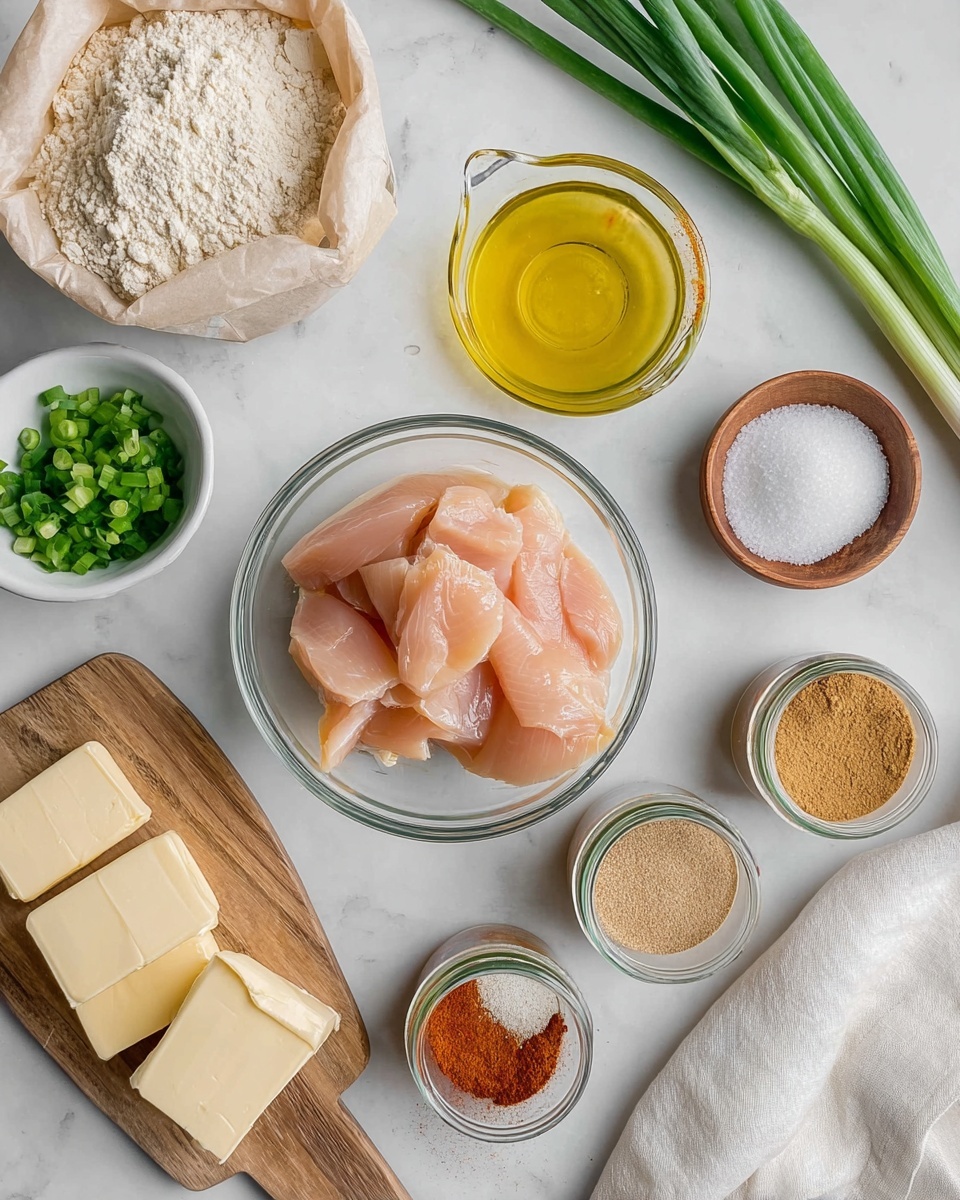 This image shows raw chicken slices in a clear glass bowl at the center placed on a white marbled surface. Around the bowl, there is a small white bowl filled with chopped green onions below it, to the left are two whole green onions. Above the bowl of chicken, there is a small glass measuring cup filled with yellow oil. To the left of the oil, there is an open bag of flour. To the bottom left, there is a wooden tray holding three pieces of butter. Around the chicken bowl, there are four small glass jars with different spices — one with a spilled light brown powder near the top right, one with white salt in a wooden bowl near the upper right, one with a light tan spice to the bottom right with some spilled on the surface, and one orange brown spice on the right side. A white cloth is partially visible at the bottom and top right corners. Photo taken with an iphone --ar 4:5 --v 7