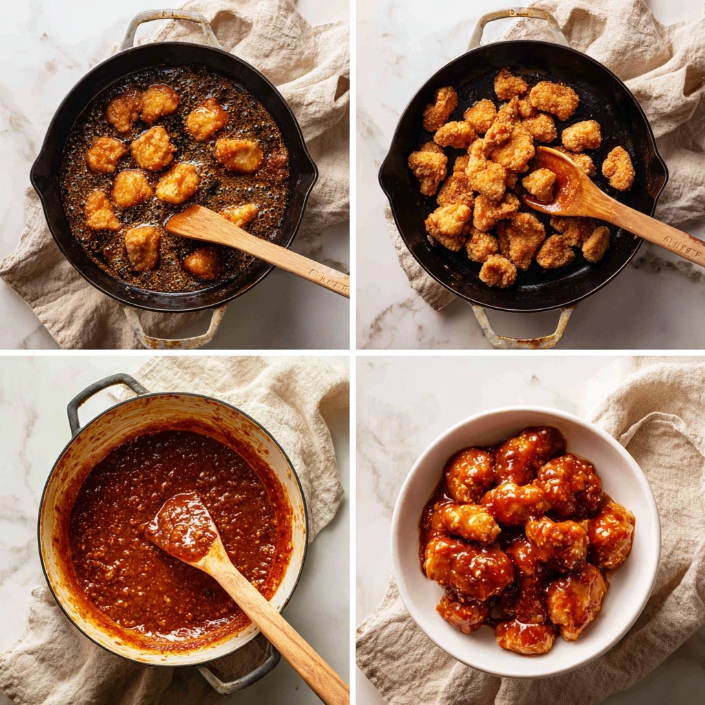 The image shows four steps of cooking a sauce with fried pieces. The first step is a black cast iron pan on a white marbled surface with golden brown fried pieces bubbling in oil, and a light wooden spatula resting near the pan. The second step has the same pan containing a thick, deep reddish-brown sauce bubbling, with a wooden spoon stirring it, and a white bowl filled with fried pieces sitting on the top right. The third step shows the pan with a lighter brown creamy sauce being stirred by the wooden spoon, the white bowl with fried pieces visible again. The last step is a close-up of the fried pieces fully coated in a shiny, thick reddish-brown sauce, with visible texture and gloss. The background is a white marbled surface with light beige linen cloths around. Photo taken with an iphone --ar 4:5 --v 7