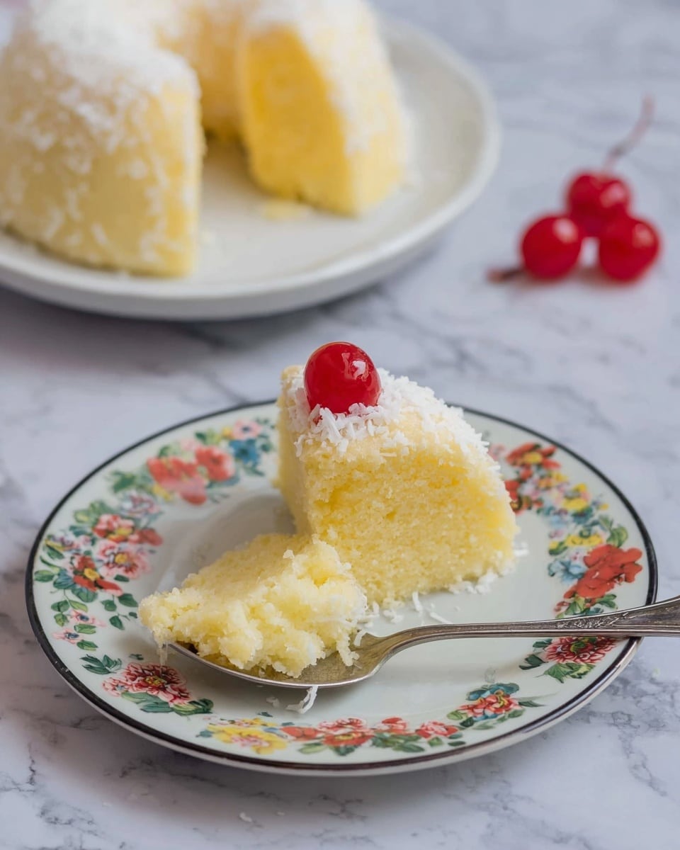 A slice of soft yellow cake with a moist texture is placed on a white plate decorated with colorful flower patterns around the edge. The cake has one visible layer topped with a white creamy coating sprinkled lightly with white flakes. A shiny red cherry is placed near the slice on the plate. A silver spoon holds a small piece of the cake resting close to the slice. In the background, the rest of the cake, shaped like a ring with a soft, creamy look, sits on a white plate on a white marbled surface with two more red cherries beside it. Photo taken with an iphone --ar 4:5 --v 7