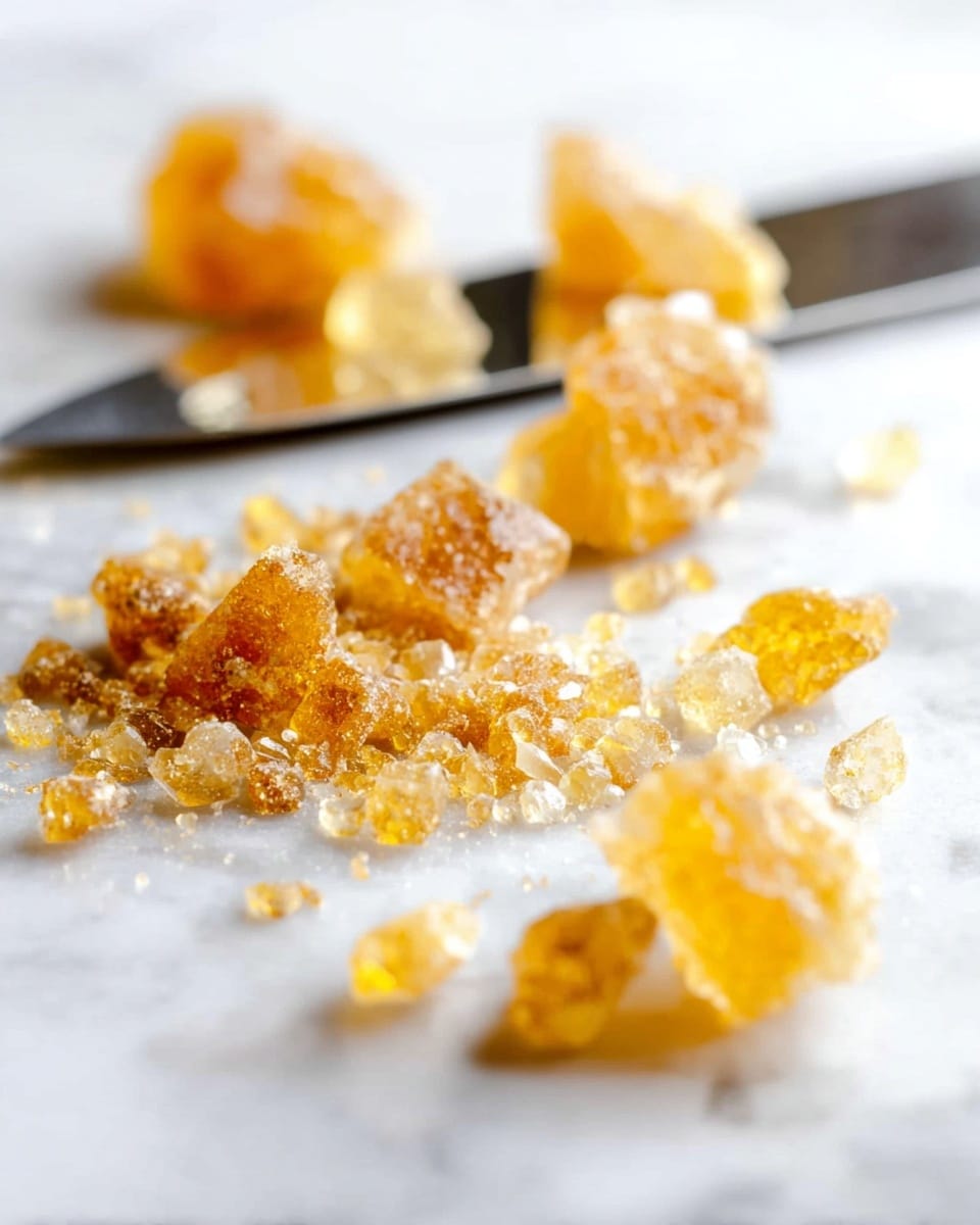 The image shows small, irregular golden-yellow to light amber crystalline chunks scattered on a white marbled surface. These crunchy, translucent pieces vary in size, with some appearing larger and rougher, while others are smaller granules. A knife with a shiny blade partially covered by some of the crystals lies in the background, adding a metallic contrast to the warm colors of the crystals. The overall focus is sharp on the crystals in the front, with the background softly blurred. photo taken with an iphone --ar 4:5 --v 7
