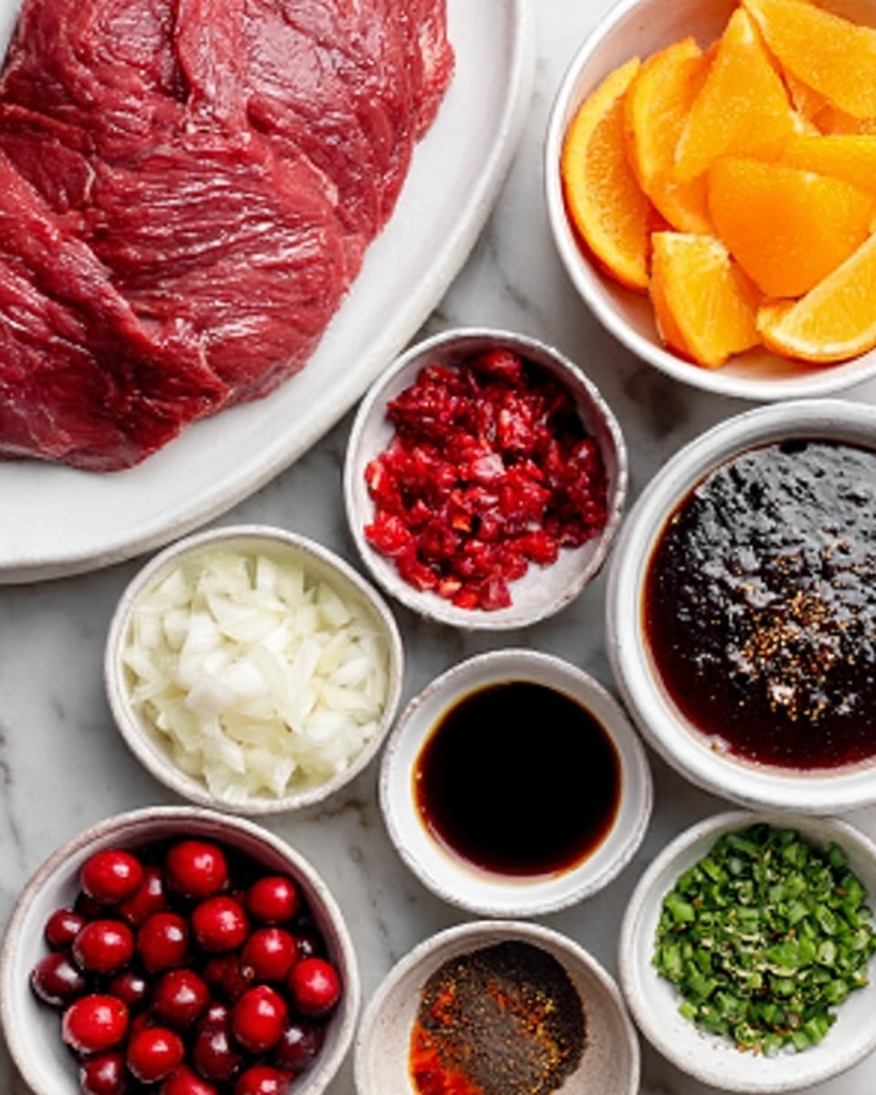 The image shows several white bowls arranged on a white marbled surface. There is a large white plate with raw red meat on the left side. Around it, there are white bowls filled with peeled orange pieces, bright red cherries, sliced white onions, a red sauce with visible chunks, a dark brown liquid, chopped green herbs with minced garlic, sliced red chili, and a dark soy sauce-like liquid. The bowls are neatly placed close to each other creating a colorful display of ingredients. photo taken with an iphone --ar 4:5 --v 7