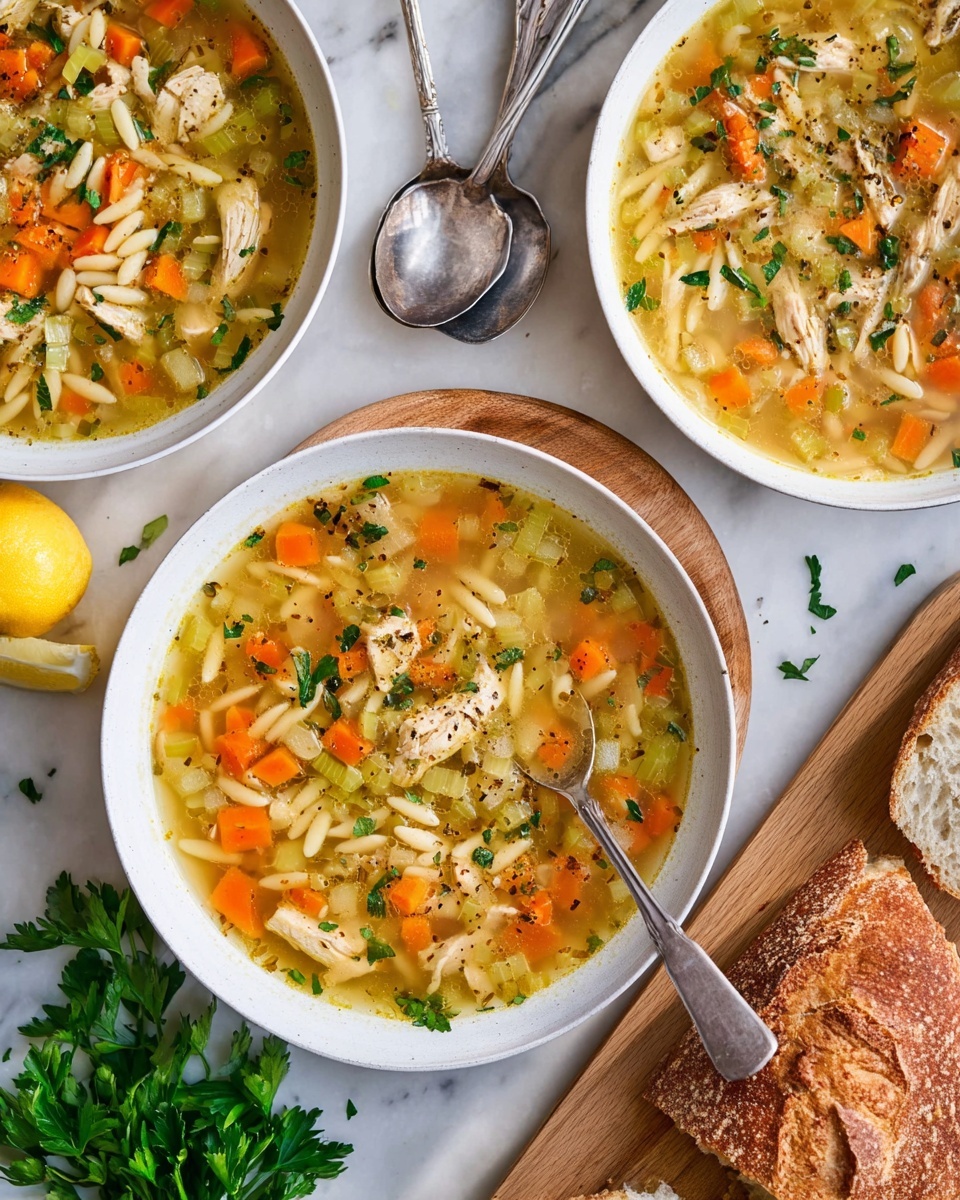Three white bowls filled with clear golden broth soup, each containing small pieces of light tan cooked chicken, bright orange carrot cubes, pale green celery, and short, tubular white pasta. The soup is garnished with scattered dark green herbs and a sprinkling of black pepper. One bowl in the center rests on a light wooden board with a silver spoon dipping into the soup, while a torn, brown crusty loaf of bread and fresh parsley sprigs sit nearby on the white marbled surface. A half lemon is placed near the upper left, and two spoons lie above the bowls. The overall scene is bright and fresh with a cozy, homemade feel photo taken with an iphone --ar 4:5 --v 7