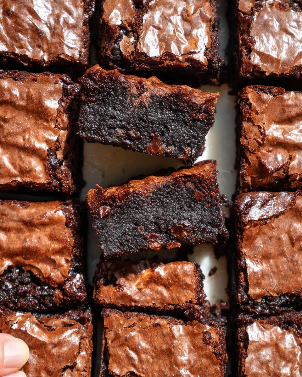 The image shows many square brownies arranged tightly together on a white marbled surface. Each brownie has a glossy, cracked dark brown top layer with a slightly rough texture. The inside is darker and dense with small bits of chocolate visible in some pieces. One brownie is being lifted slightly by a woman’s hand, showing its thick, fudgy inside. The overall look is rich and chocolatey with a shiny top and moist inside. photo taken with an iphone --ar 4:5 --v 7