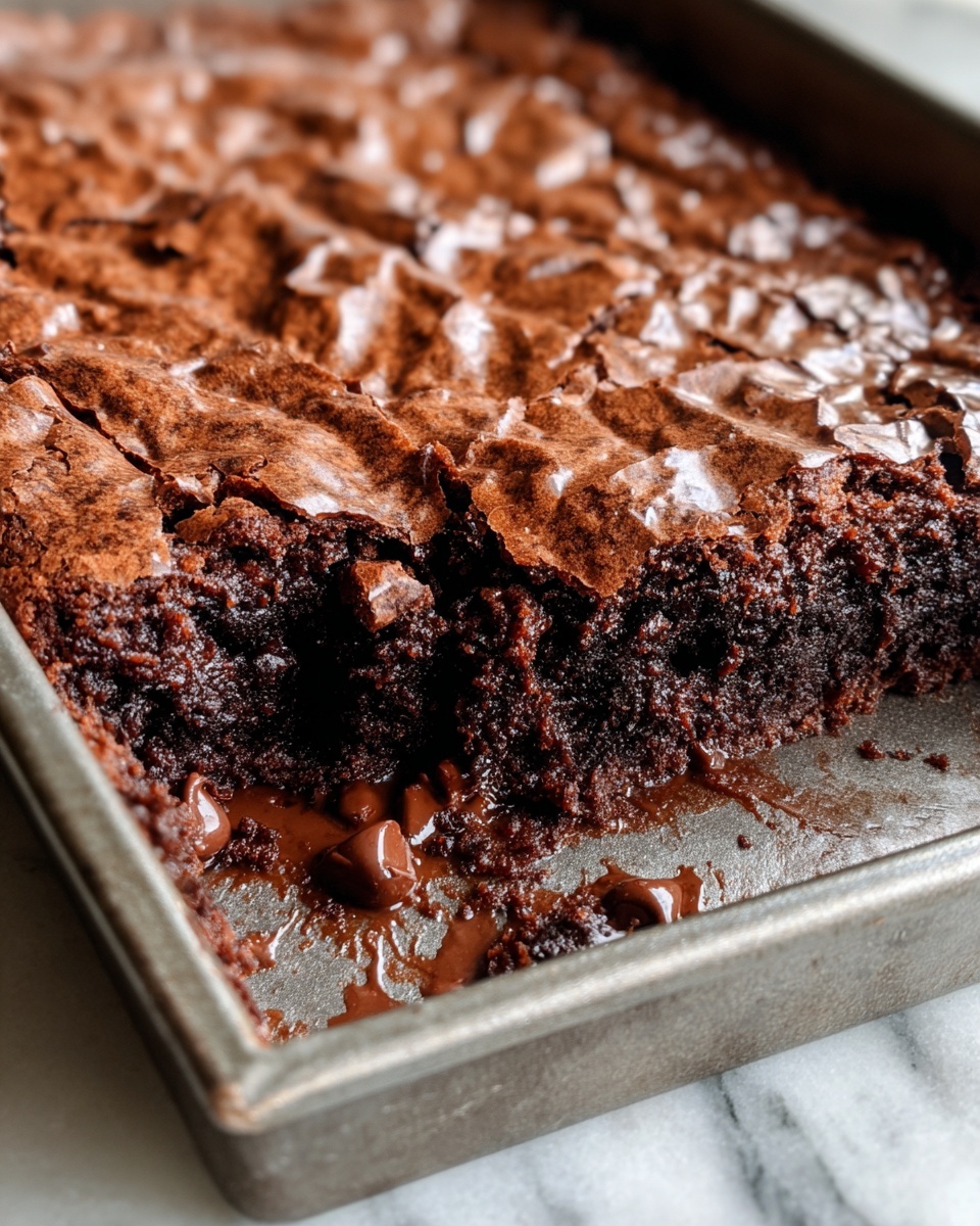 A close-up view of a rectangular chocolate brownie in a metal baking pan with one corner missing, showing three layers: a shiny, cracked dark brown top layer with a crumpled texture, a middle layer that is moist and slightly soft with visible melted chocolate chunks, and a dense, rich bottom layer. The brownie edges are darker and slightly firm, with some crumbs and melted pieces scattered inside the pan, placed on a white marbled surface. photo taken with an iphone --ar 4:5 --v 7