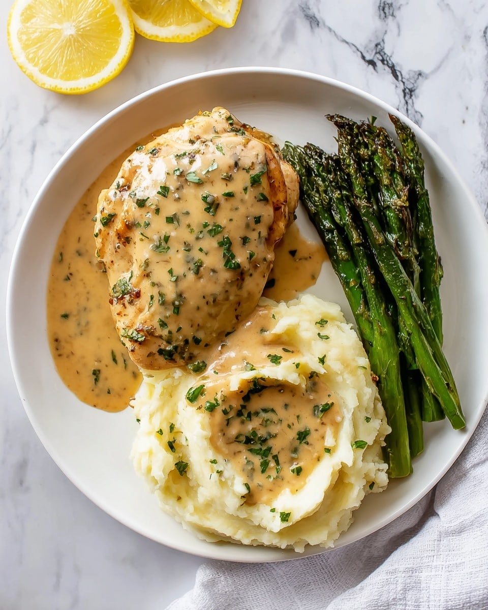 The image shows a white round plate with three main parts: a single cooked chicken piece on the left covered in light brown gravy with green herb bits, mashed potatoes on the right with gravy and herbs on top, and a small bunch of grilled green asparagus placed lengthwise at the top right edge of the plate. The plate sits on a white marbled surface, and there are two lemon wedges in the top left corner. A white cloth is partially visible on the right side. Photo taken with an iphone --ar 4:5 --v 7